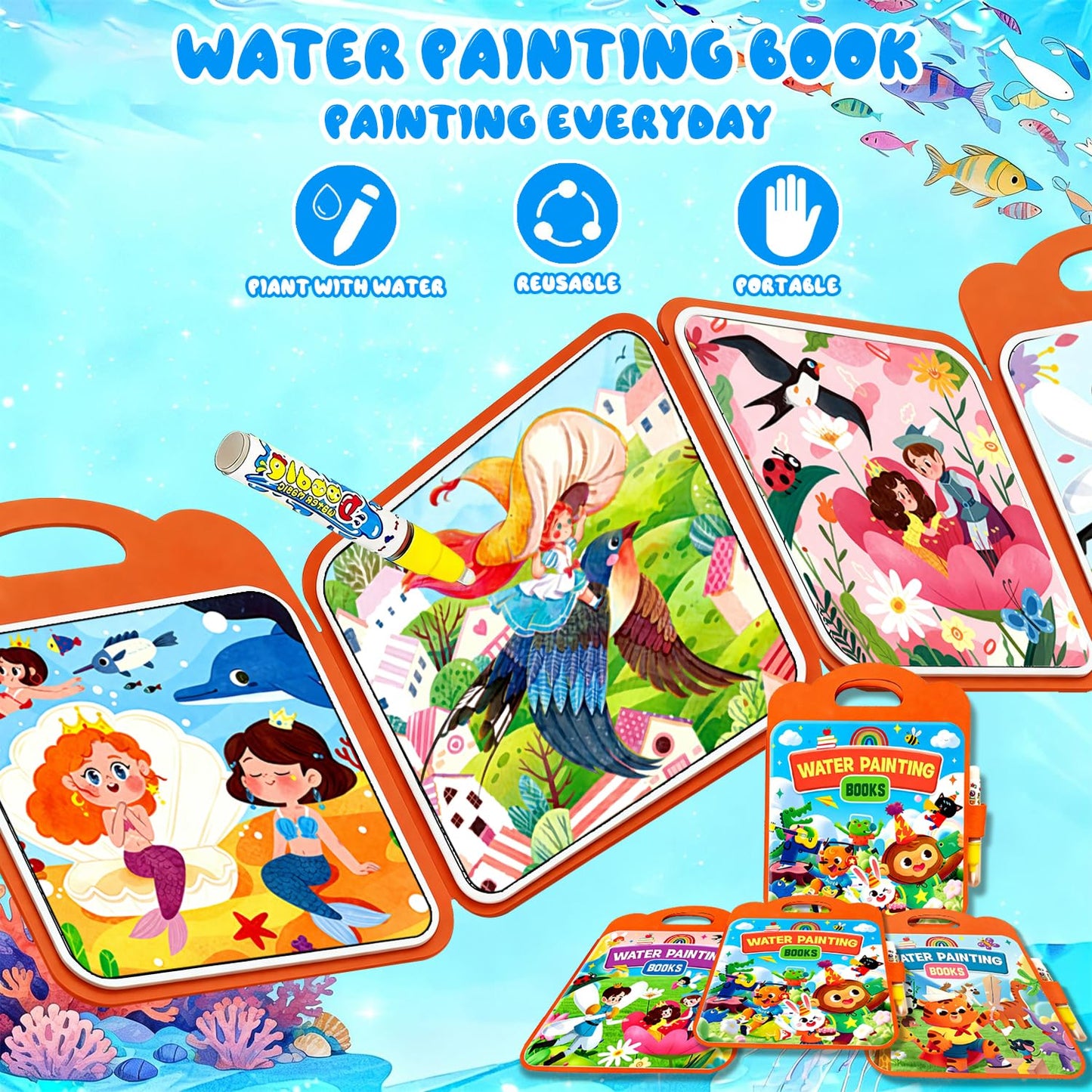 Usmfuie 3 Pcs Reusable Water Painting Book for Toddlers, Water Coloring Books for Kids, Paint with Water Books, Magic Water Color Paint Book with Pen, Water Doodle Book Travel Toys