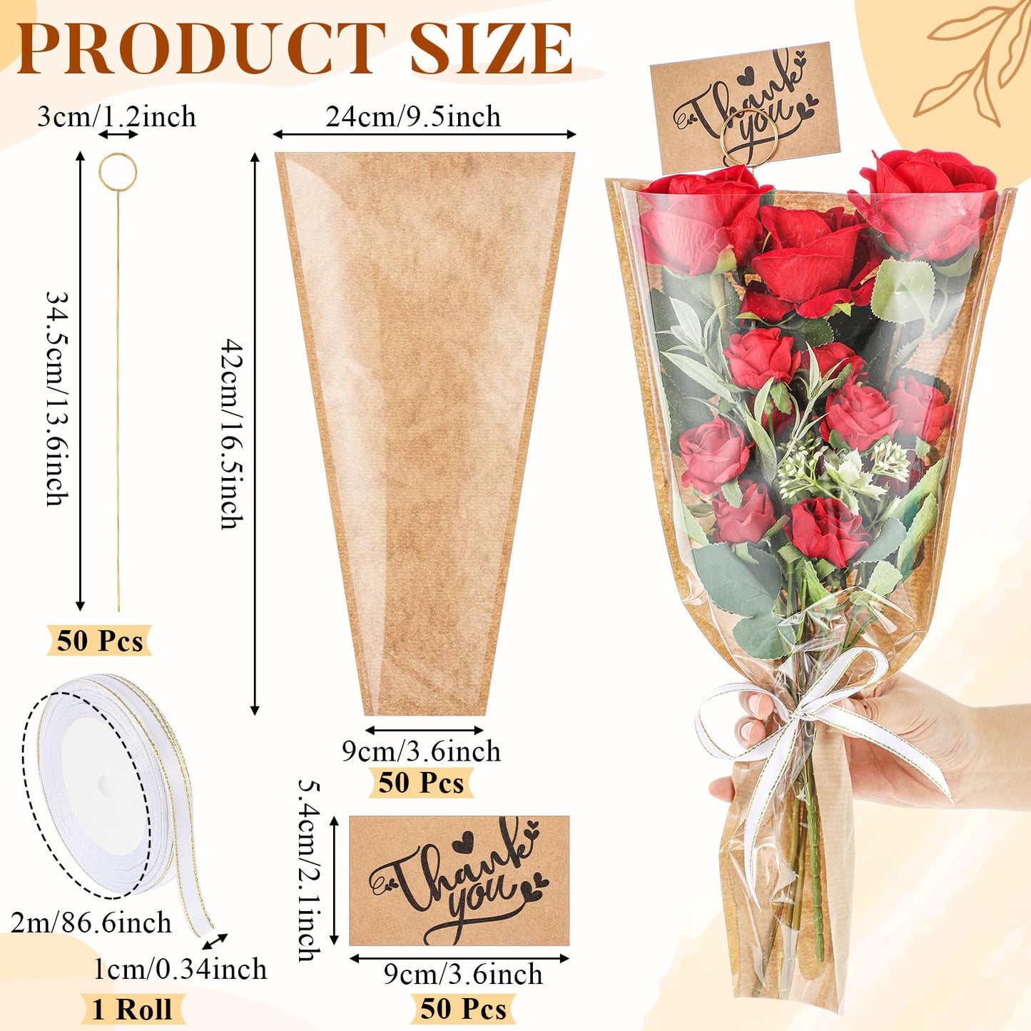 Gilprop 50 Pack 16.5 '' Flower Wrapping Bag Bouquet Kraft Paper Pack Sleeve with Floral Thank Card Holder and Pick Ribbon Flower Bouque Bag for Ot Mouth Thank Teacher, Father's Day, Graduation Gift