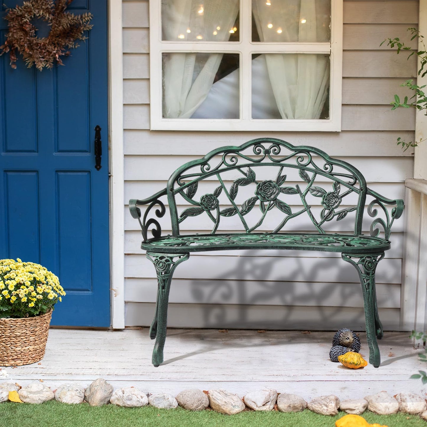 VINGLI 38.5" Patio Park Garden Outdoor Metal Rose Bench, 2-Person Cast Iron Cast Aluminium Frame Antique Finish Chair,Accented Lawn Front Porch Path Yard Decor Deck Furniture (Green, Rose)