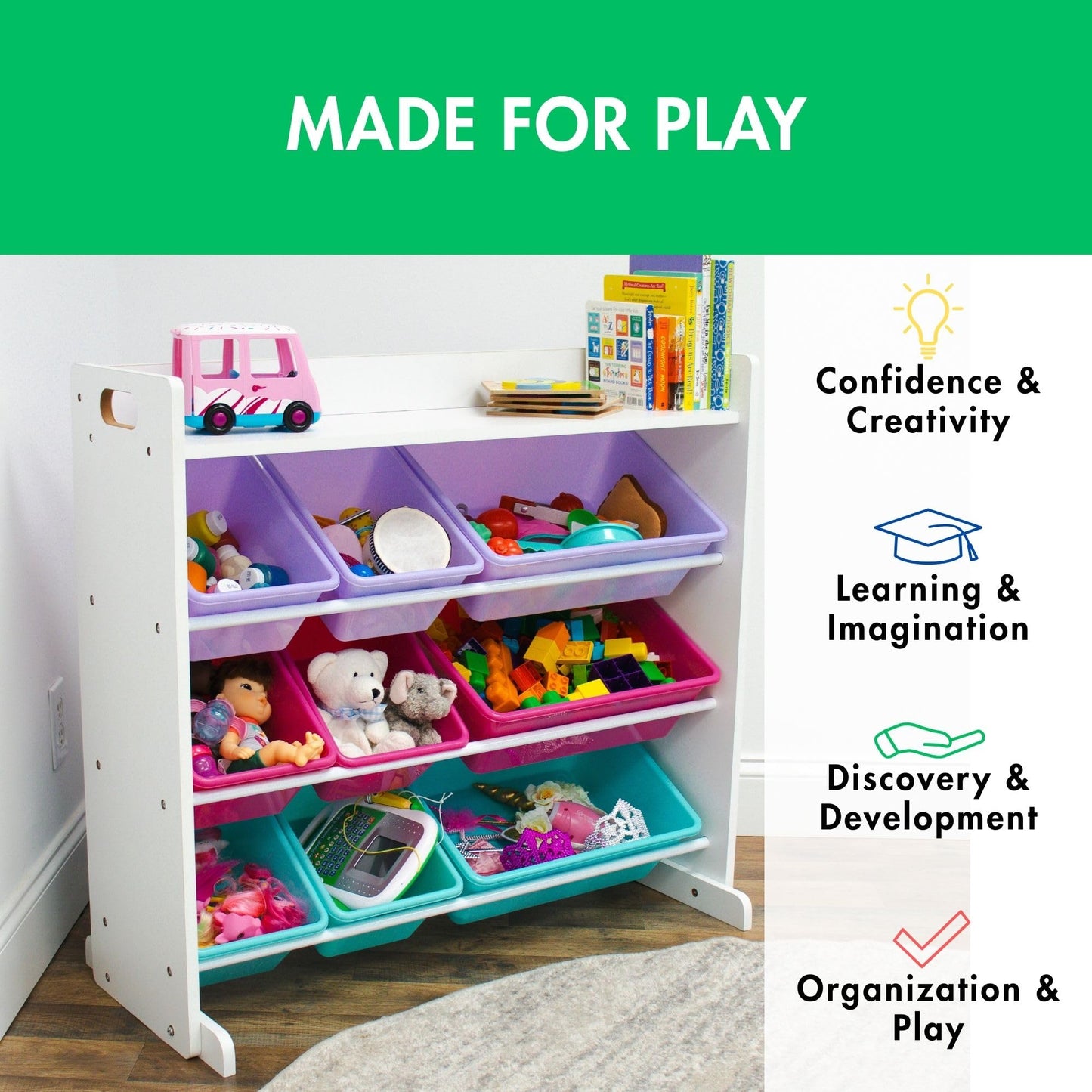 Humble Crew Toy Storage Organizer with 9 Removable Storage Bins for Kids Playroom, 3-Tier with Top Shelf Toddler Toy Organization, White/Pink/Purple/Aqua