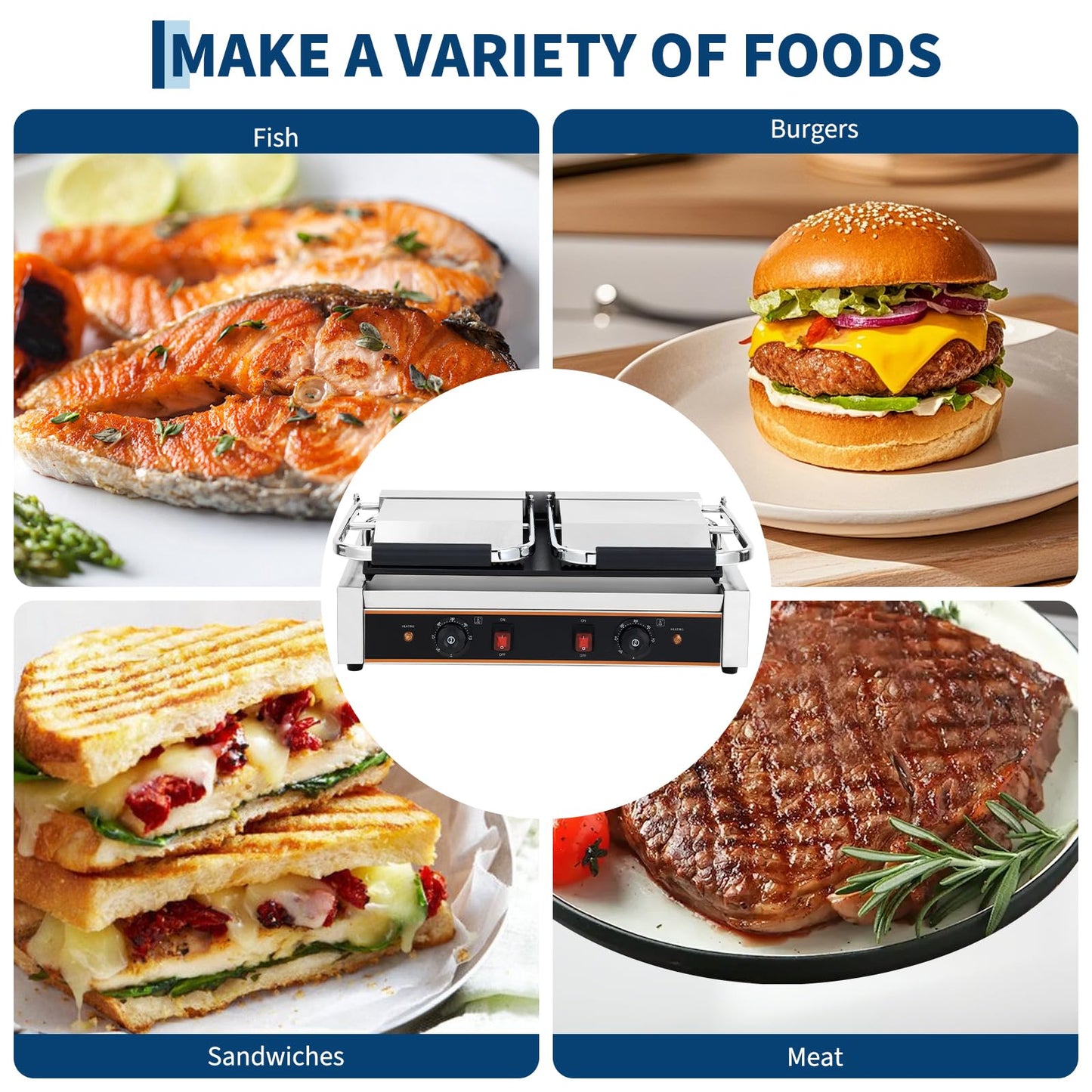 MilleLoom Commercial Panini Press Grill with 19"x 9" Grooved Top and Smooth Bottom Plates for Burgers Steaks Panini, Countertop Electric Sandwich Maker with Adjustable Temp Control, 110V/220V, 3600W