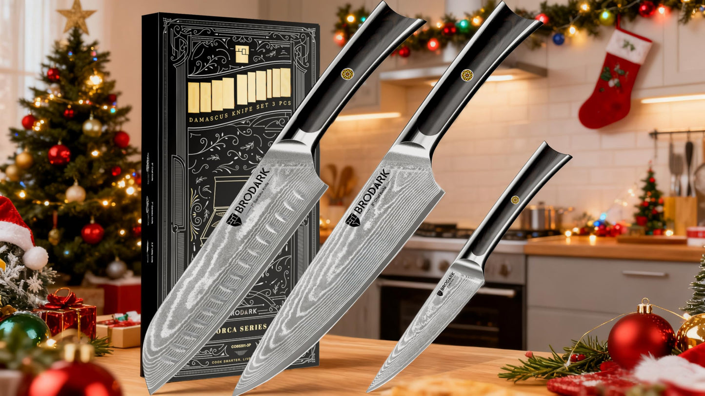 BRODARK Damascus Chef Knife 3 PCS, VG10 Steel Full Tang Sharp Professional Japanese Chef Knife Set for Kitchen, Ergonomic Pakkawood Handle Damascus Knife Set with Gift Box