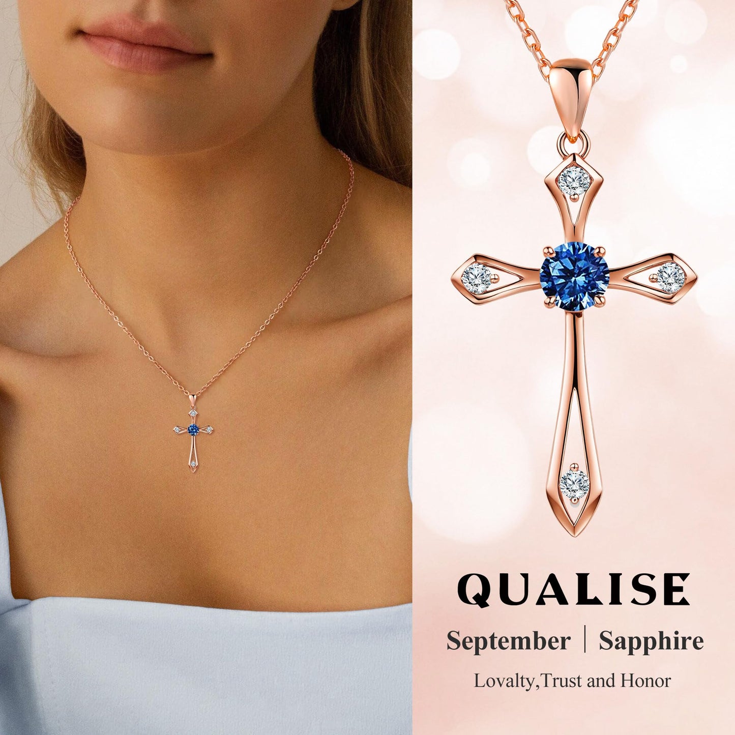 QUALISE Cross Necklace for Women,925 Sterling Silver Birthstone Necklace,Sapphire-Septermber Birthstone Cross Necklace,Faith Religious Fine Jewelry Valentines Day Gifts Birthday Holiday Gifts for Her