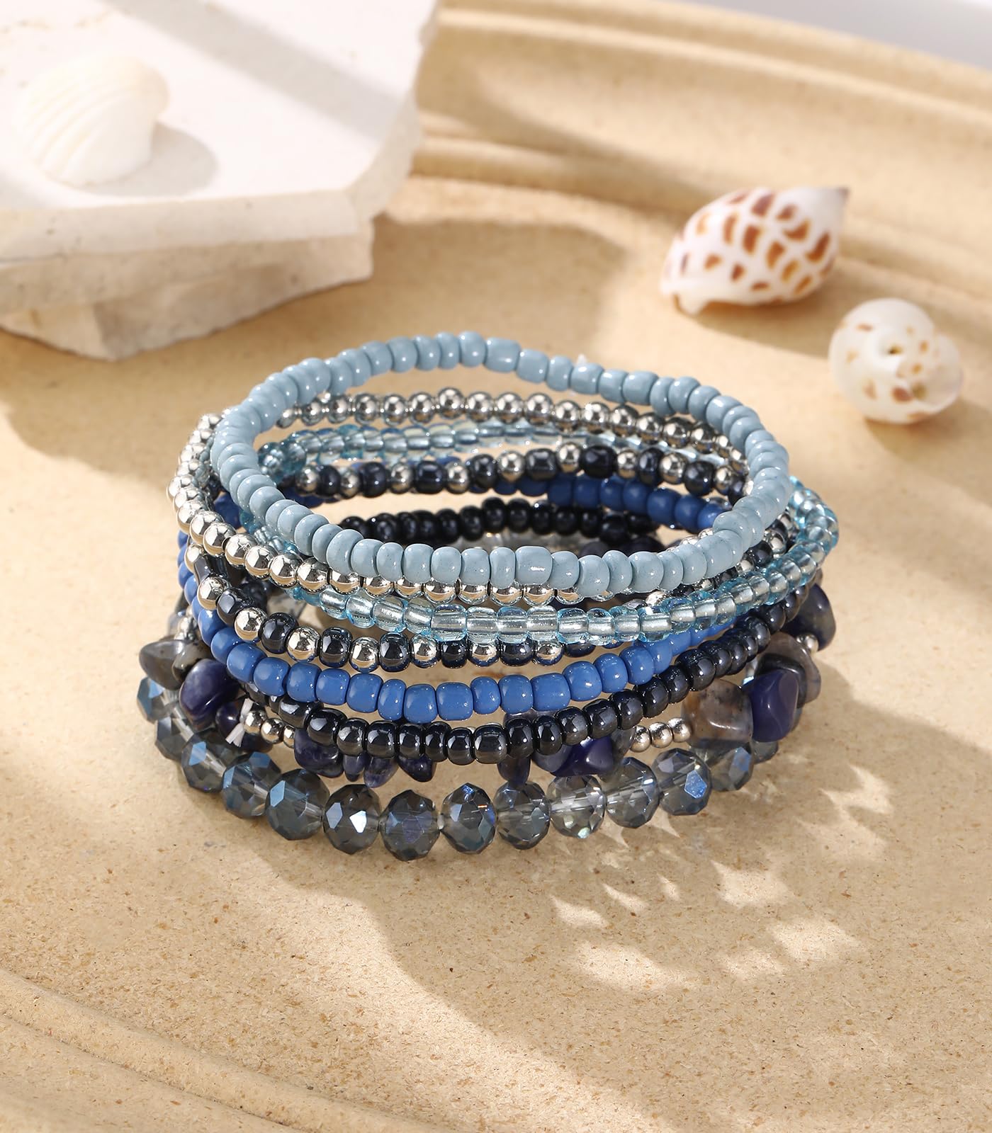 Noessla Boho Beaded Bracelets for Women Stackable Irregular Natural Stone Bead Stretch Bracelet Set 8PCS Costume Jewelry Gifts for Her(Navy Blue)