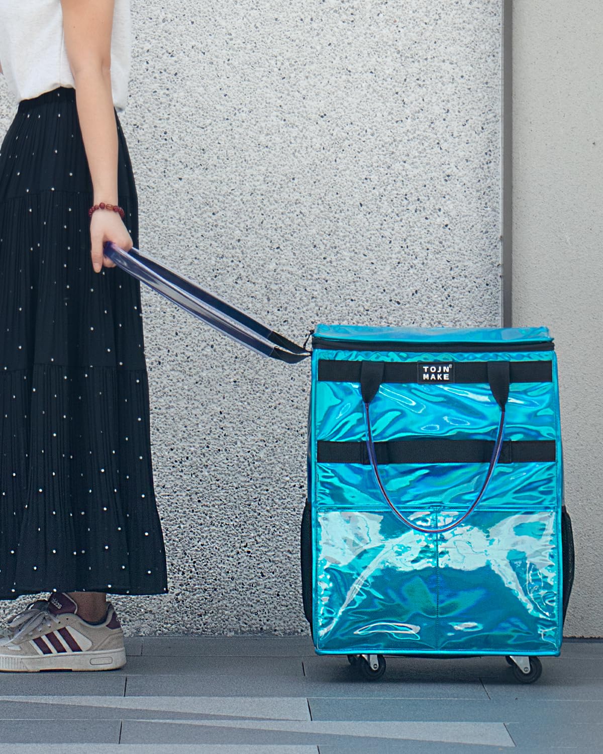Reusable Grocery Bag On Wheels, Shopping Trolley, Rolling Tote with 8 Pockets and Zipper Cover, Foldable, Heavy Duty Handles, Carries Up to 46 LBS (Medium, Glitter Blue)