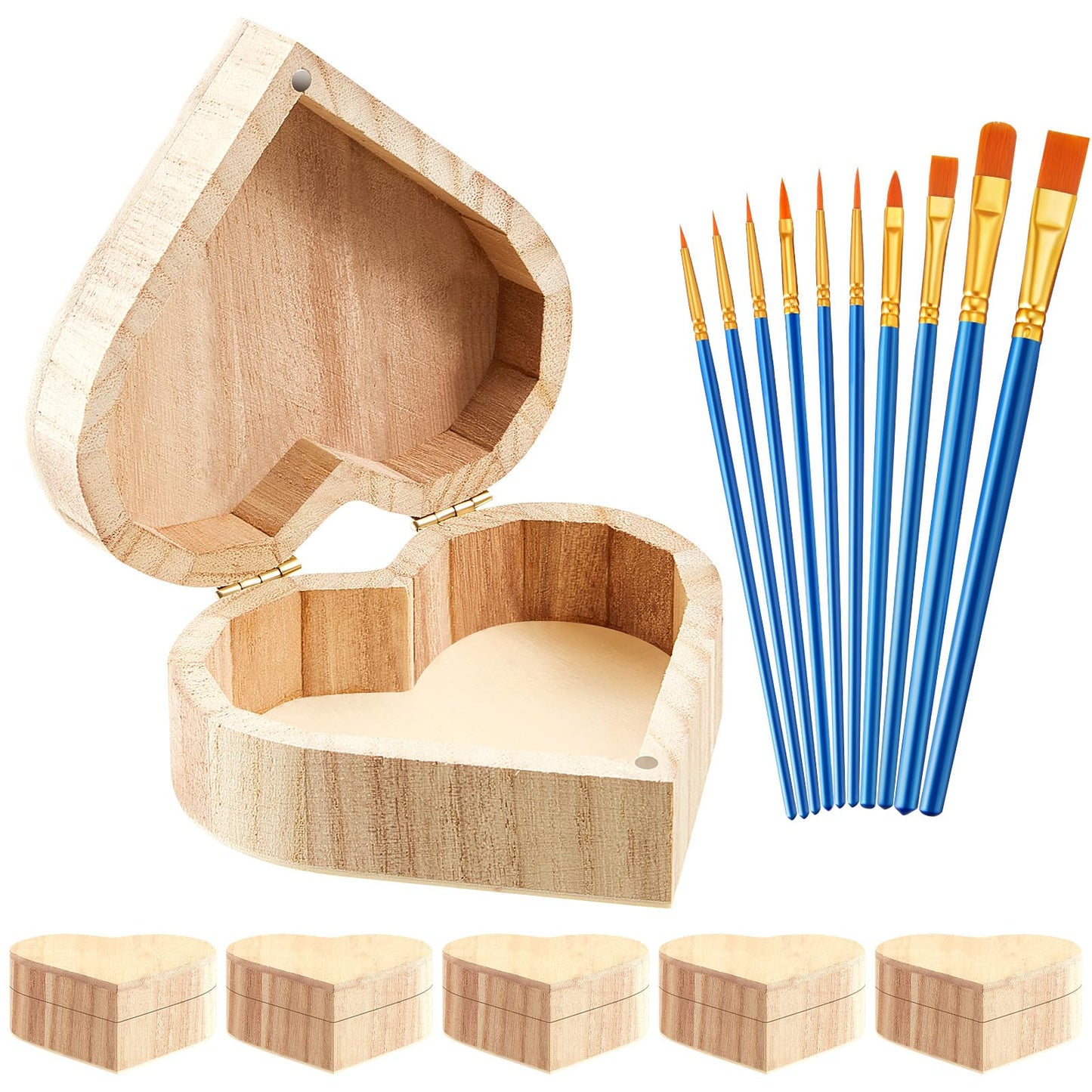 Taiyin 24 Pcs Unfinished Heart Box Unpainted Wooden Treasure Chest with Art Brushes Wood Heart Shaped Natural Pine Box with Hinged Lid for DIY Craft Making Storage Jewelry