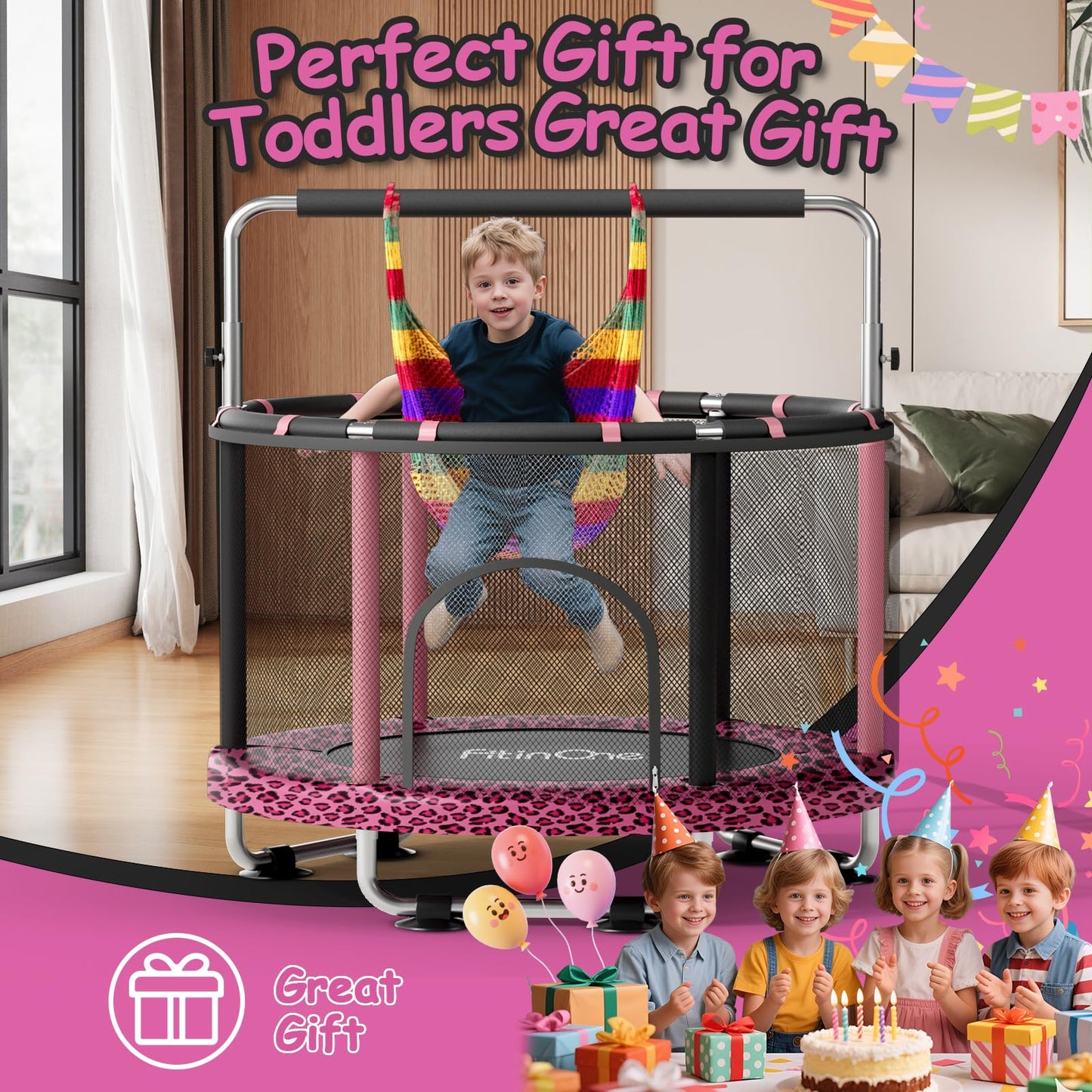 FitinOne 55" Toddler Mini Trampoline for Kids, Indoor Outdoor Toys with Swing, 440lbs Baby Kids Trampoline, Gymnastics Bar, Birthday Gifts for Boy Girl Age 1-8(Leopard)