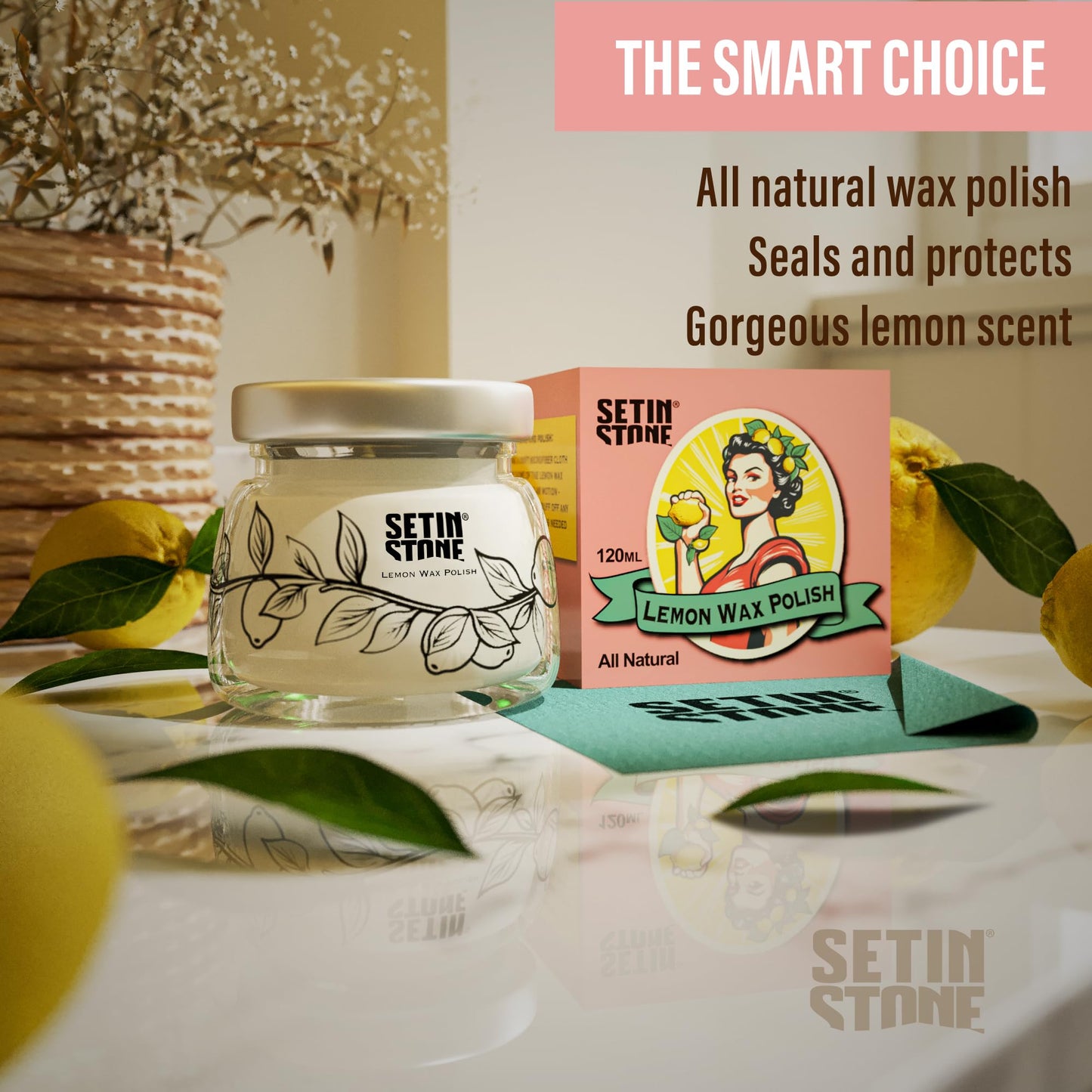 Natural Stone Wax Polish - Seal and Waterproof SETINSTONE, Concrete, Gypsum Crafts with Carnauba and Beeswax, for Eco Resin Casting Kits and Acrylic Resin Castings, Lemon Scent, 4oz