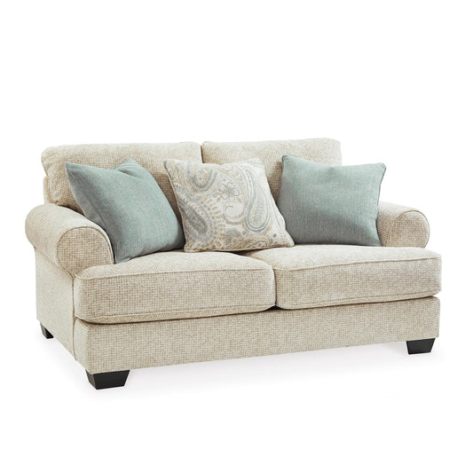 Signature Design by Ashley Monaghan Vintage Loveseat with Accent Pillows, Reversible Cushions and Rolled Arms, Beige