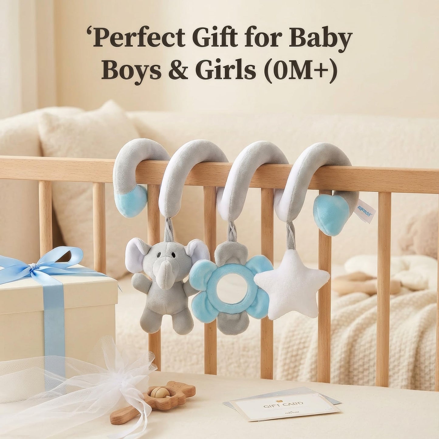 Car Seat Toys Spiral Hanging Elephant, Baby 0-6-12 Months Newborn, Carseat Hanging for Stroller Toys & Crib Hanging, with Rattle BB Squeaker Mirror, Baby Car Seat for Babies Boy Girl