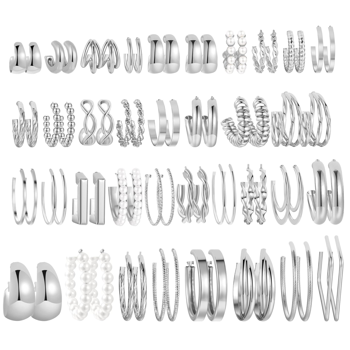36 Pairs Gold Hoop Earrings Set for Women Multipack, Hypoallergenic Chunky Chain Twisted Hoop Earrings Pack, Fashion Dangle Earrings Jewelry for Gift (D-36Pcs Silver)