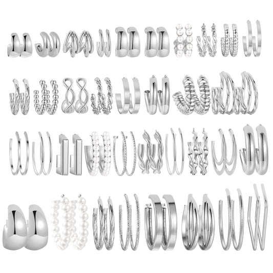 36 Pairs Gold Hoop Earrings Set for Women Multipack, Hypoallergenic Chunky Chain Twisted Hoop Earrings Pack, Fashion Dangle Earrings Jewelry for Gift (D-36Pcs Silver)