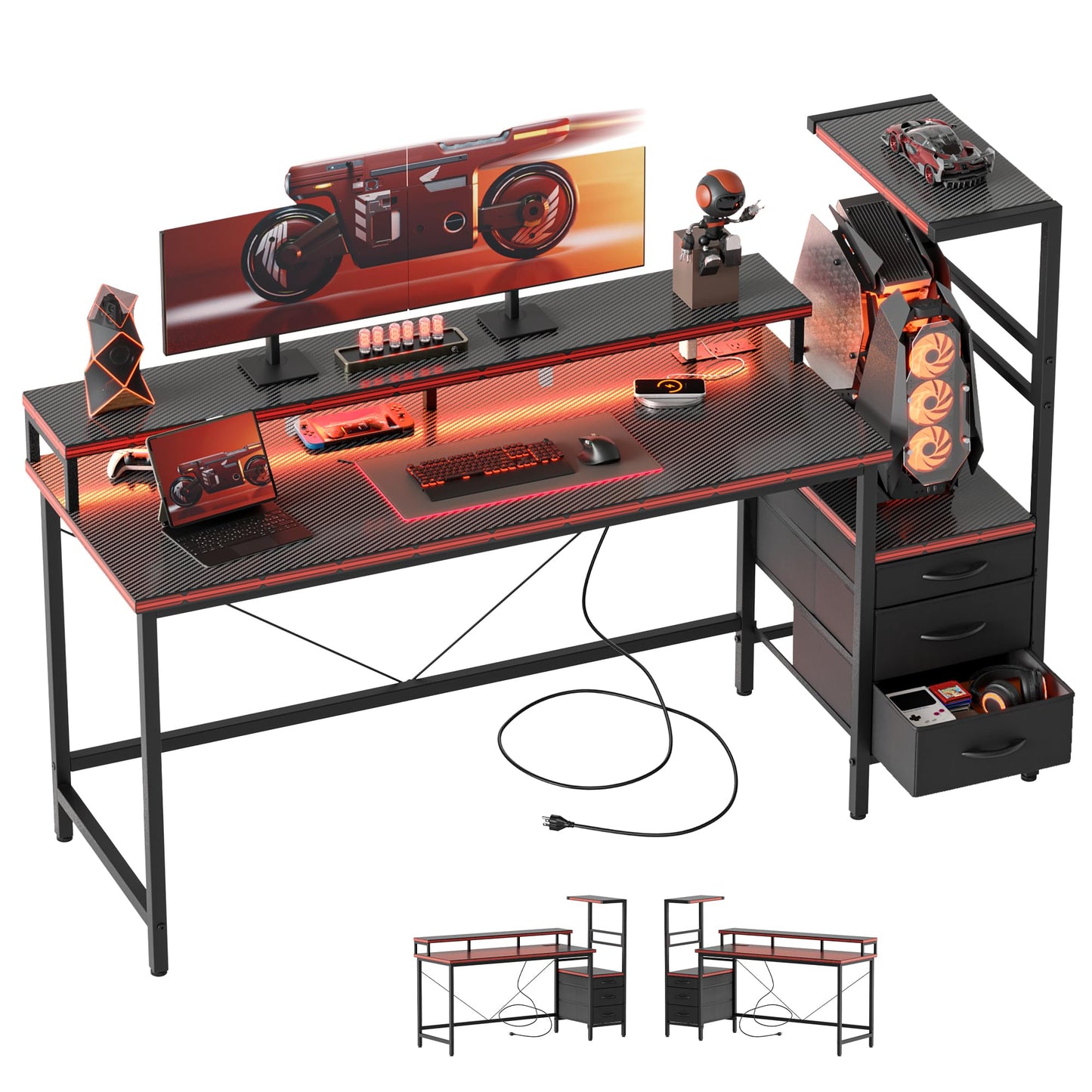 Mericonia Gaming Desk with Power Outlets & LED Lights, Reversible Computer Desk with PC Case Stand, Fabric Drawers, Modern Office Desk with Shelves, Monitor Stand (DJK-Carbon Fiber Black, 51 inch)