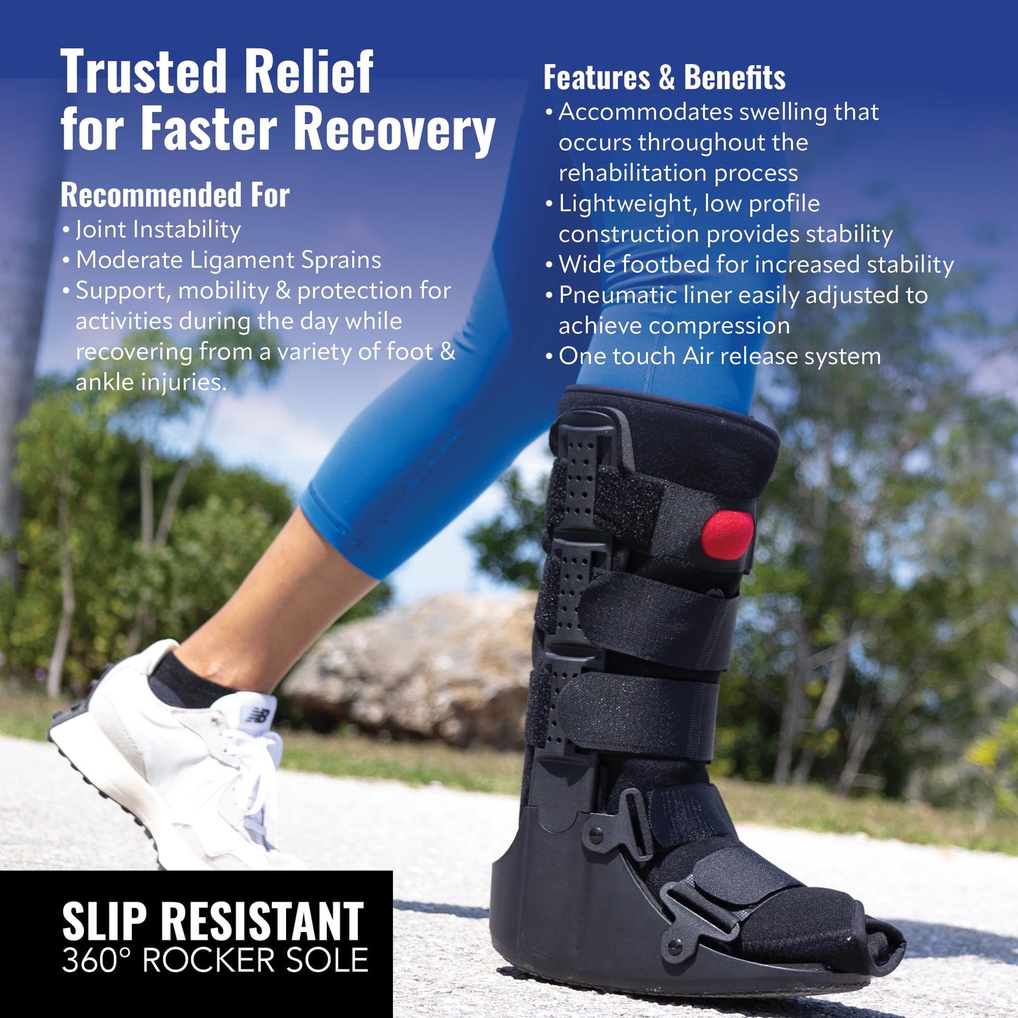 Braceapedia Tall Air Compression Walking Boot Foot Brace - Side Pump Pneumatic Brace for Ankle Support & Foot Injuries - 360 Rocker Sole Cam Walker for Stress Fractures, Black, L