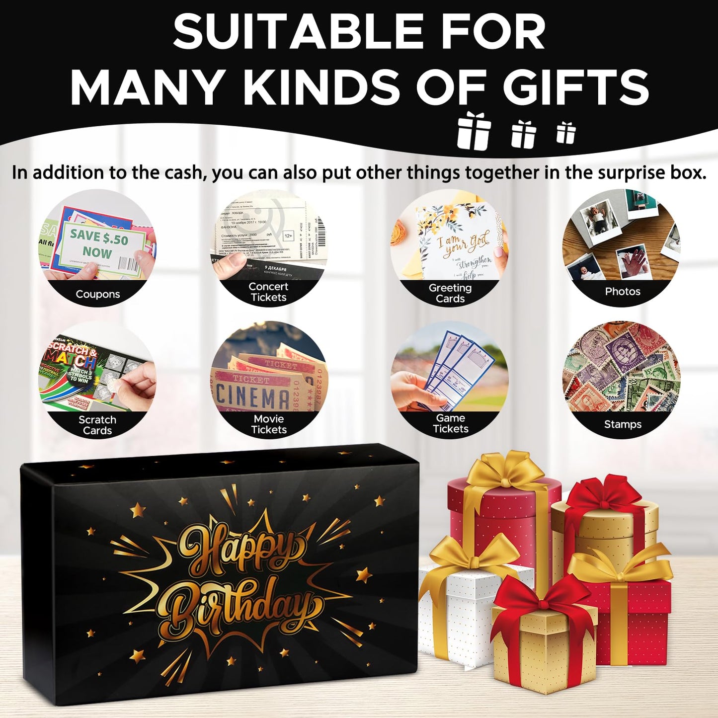 WenmthG Happy Birthday Surprise Gift Box Explosion for Money - DIY Pop Out Folding Bounce Explosion Gift Box with Confetti - Birthday Money Bank - Cash Gift Idea for Women Men Kids (Black Gold)