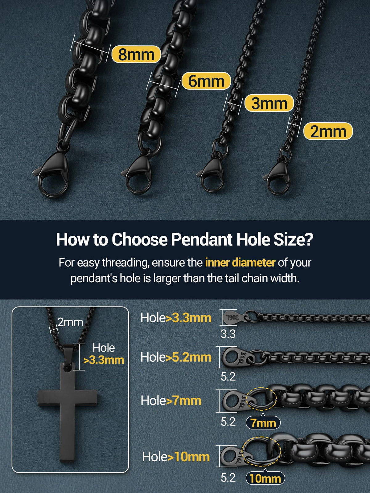 PROSTEEL Mens Chain Necklace, Squre Rolo Link Chains Black Stainless Steel Necklace 2mm Waterproof & Durable Men and Women Jewelry with Gift Box 18in