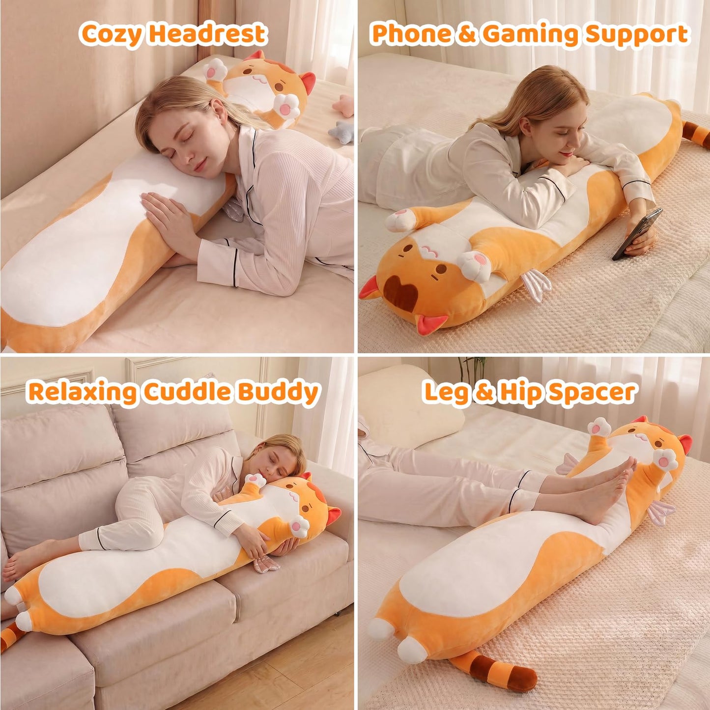 Mewaii Long Cat Plush 5 Sizes, 120% Extra Filling Giant Plushness Kids Body Pillow, Kawaii Cute Brown Cat Stuffed Animals Plushies, Big Long Body Pillow Cat Plush Gift for Girls 36”