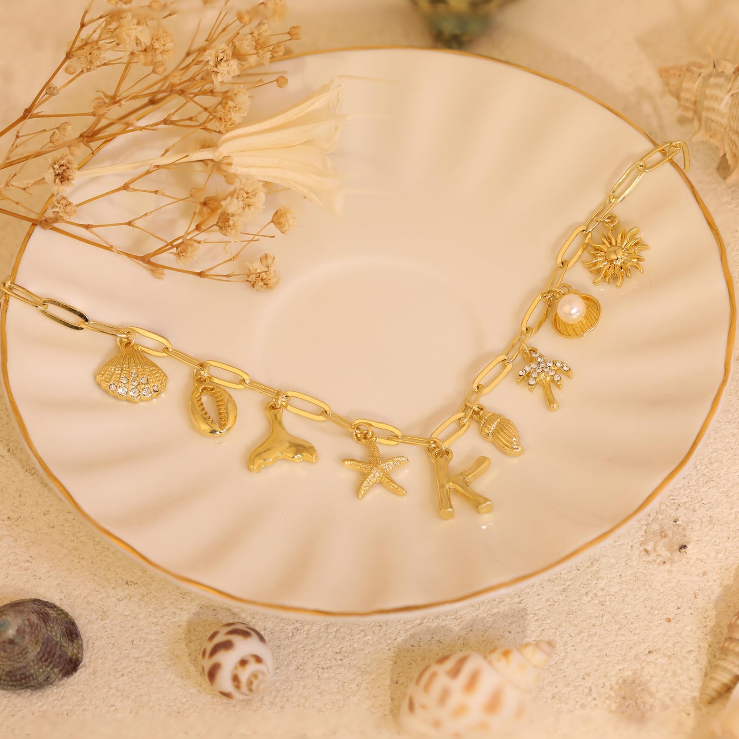JALZEMPL Initial Charm Necklaces For Women Shell Letter Paperclip Chain Seashell Starfish Beach Summer Pendant Boho Surfer 14K Gold Plated Jewelry Gift (A)