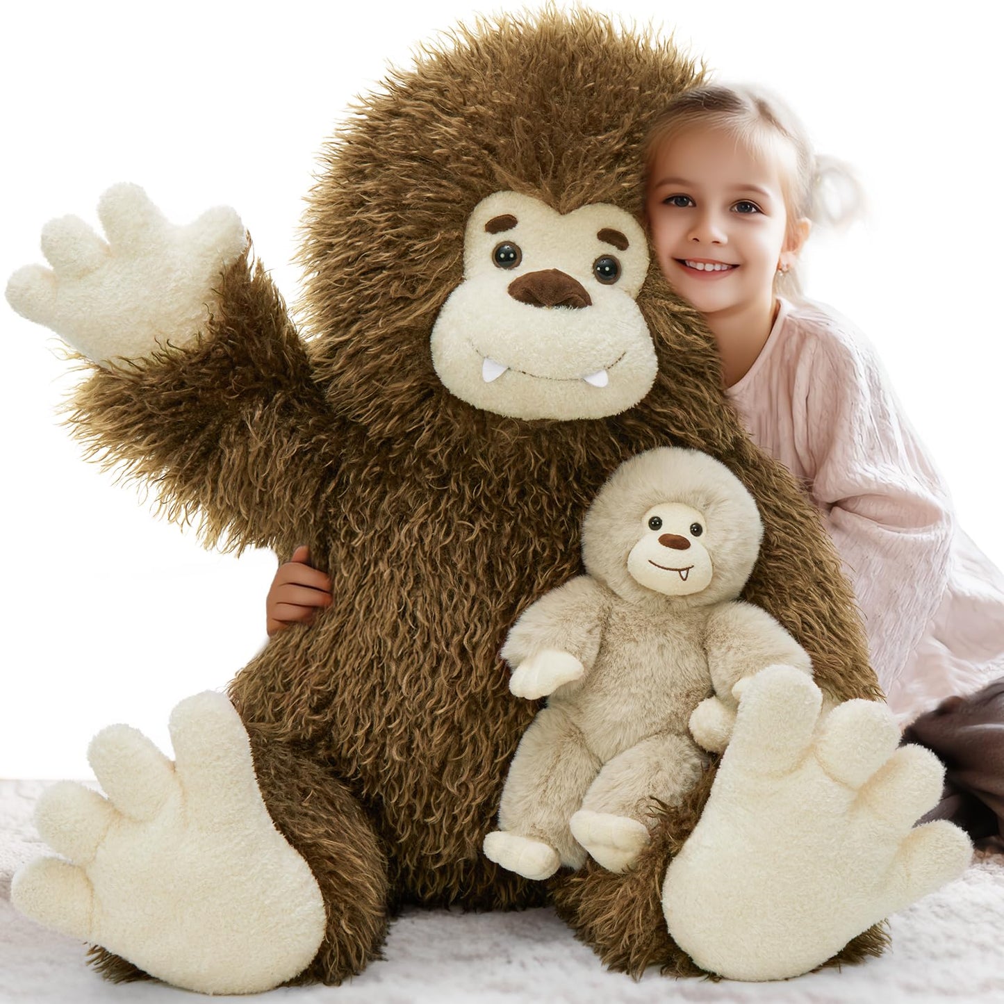 MorisMos Giant Bigfoot Stuffed Animal with Baby Cryptid Plush Duo,39" Big Mama Monster & 12" Baby Bigfoot Toy for Kid,Girl,Boy,Soft Big Foot Sasquatch Gifts for Haloween Birthday Baby Shower Christmas