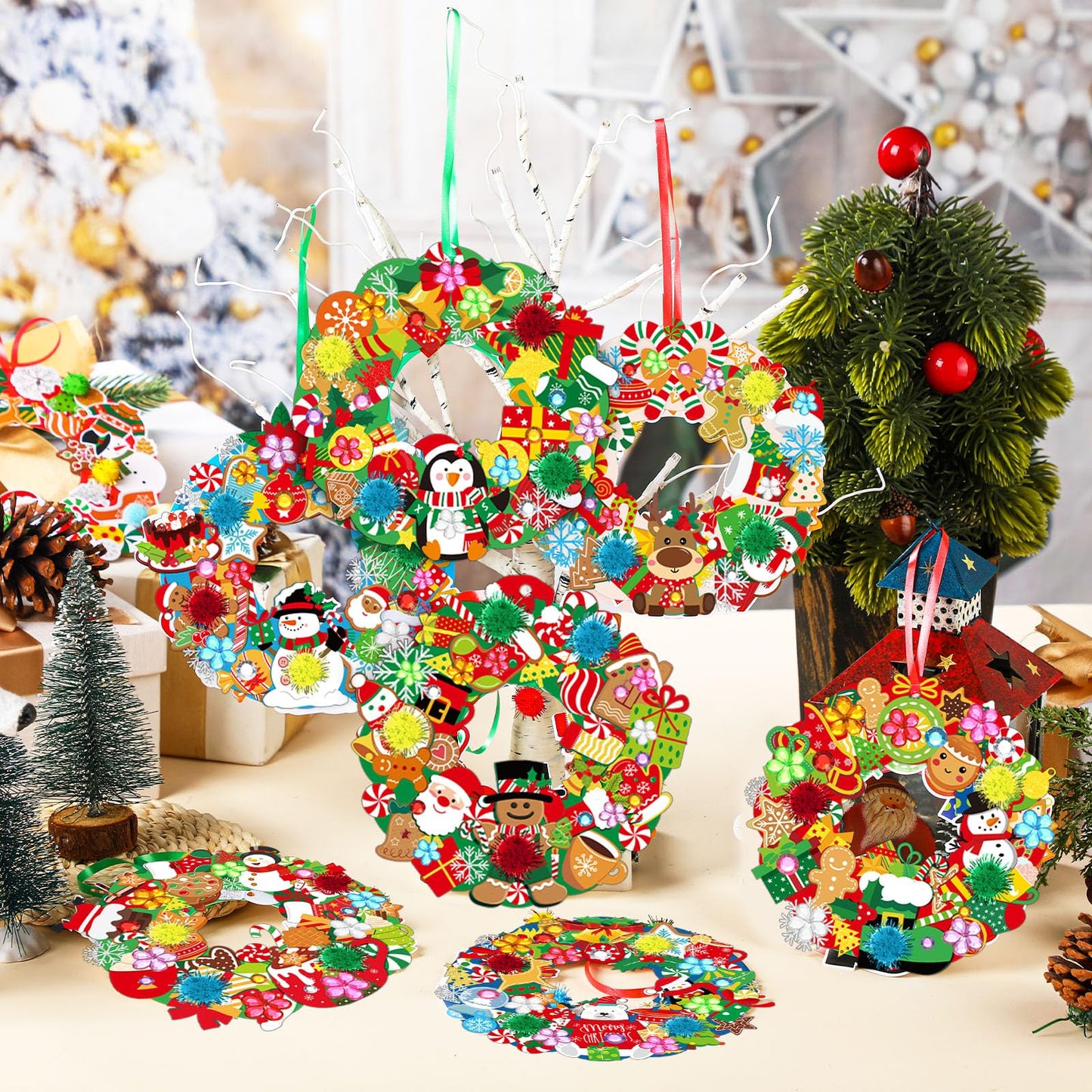 Hollowfly 48 Sets Christmas Wreath Craft Kits for DIY Santa Claus Wreath Hanging Ornaments Make Your Own Paper Xmas Craft with Stickers for Christmas Party Favors School Classroom Activities