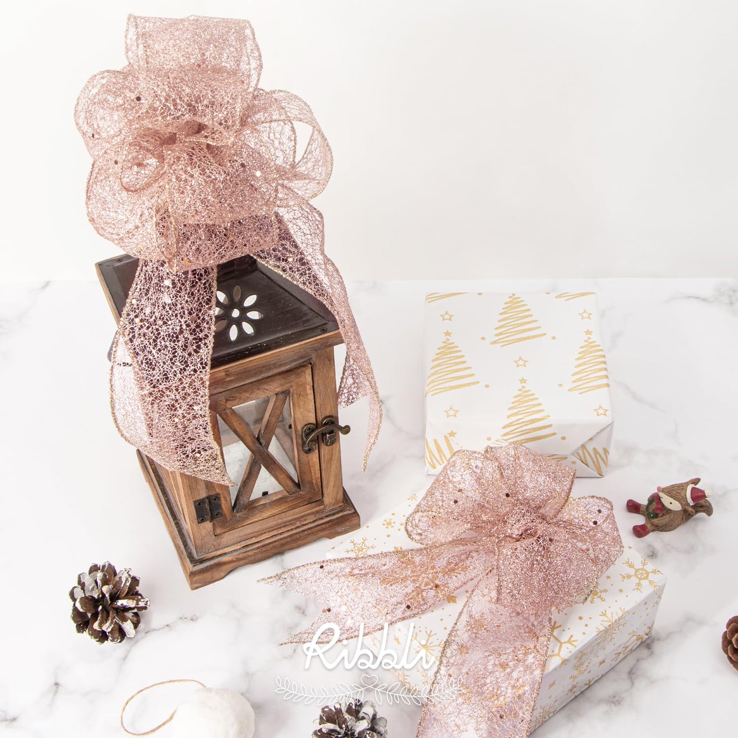 Ribbli Rose Gold Glitter Wired Ribbon for Christmas Tree Fine Mesh Sparkling 2.5 Inch x 10 Yard Christmas Wired Ribbon for Gift Wrapping Crafts Wreath Supplies