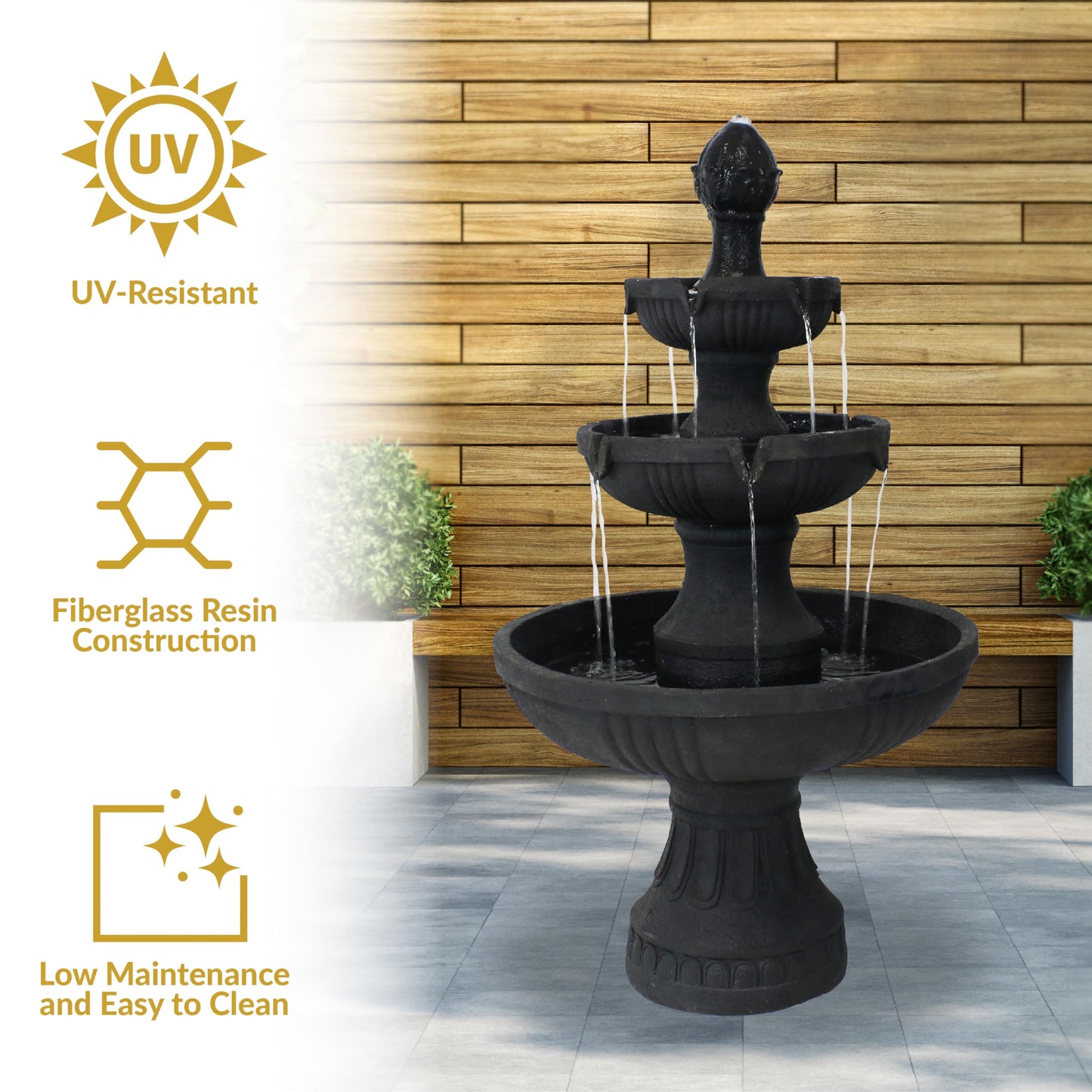 Sunnydaze Flower Blossom 43" Tiered Outdoor Water Fountain - 3-Tiered Outdoor Fountain for Garden, Patio, or Backyard - Black Finish
