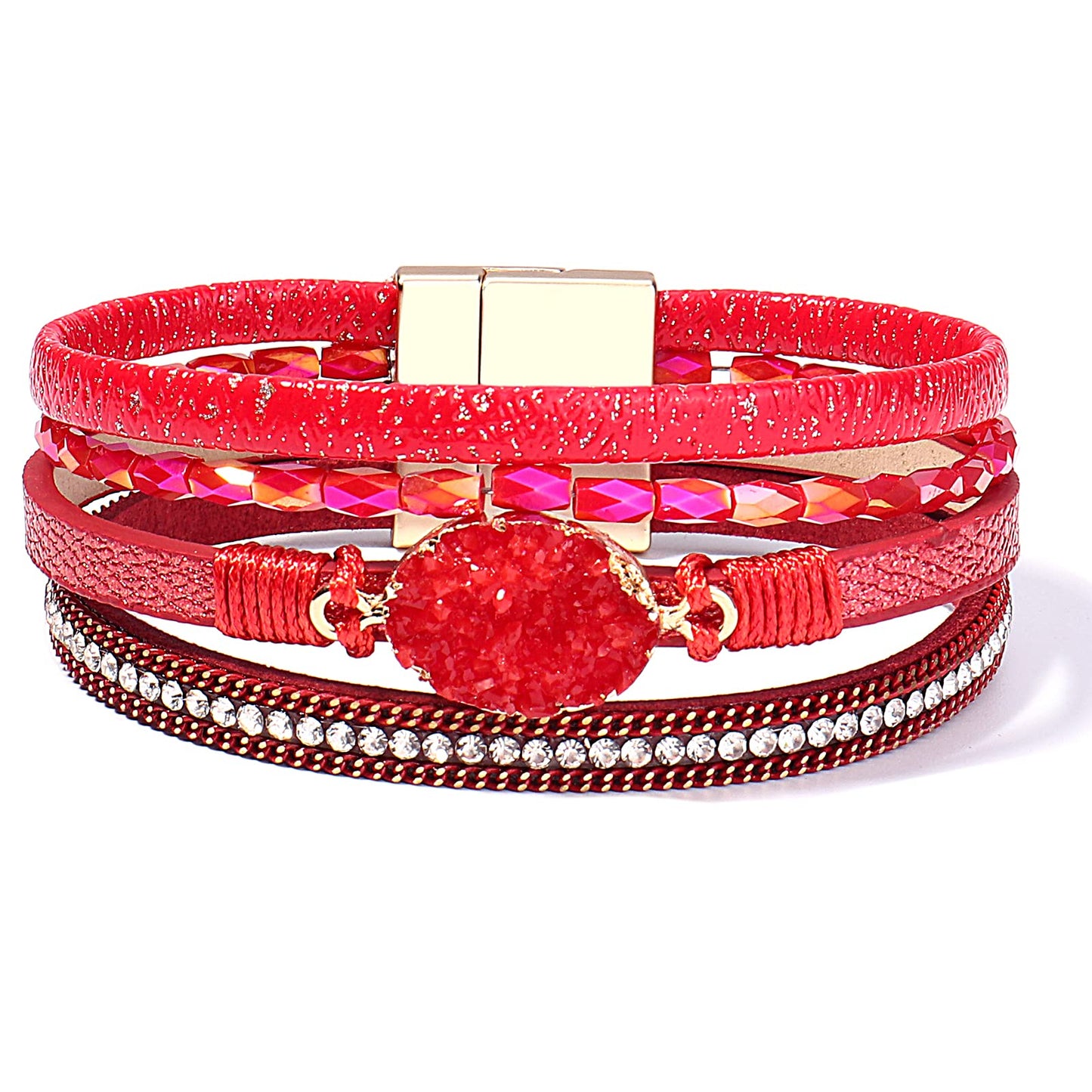 FANCY SHINY Boho Leather Wrap Bracelet Stackable Chunky Crystal Cuff Bracelets with Magnetic Clasp Cowboy Cowgirl Western Summer Beach Outfits Jewelry Gifts for Women (7.7", Red)