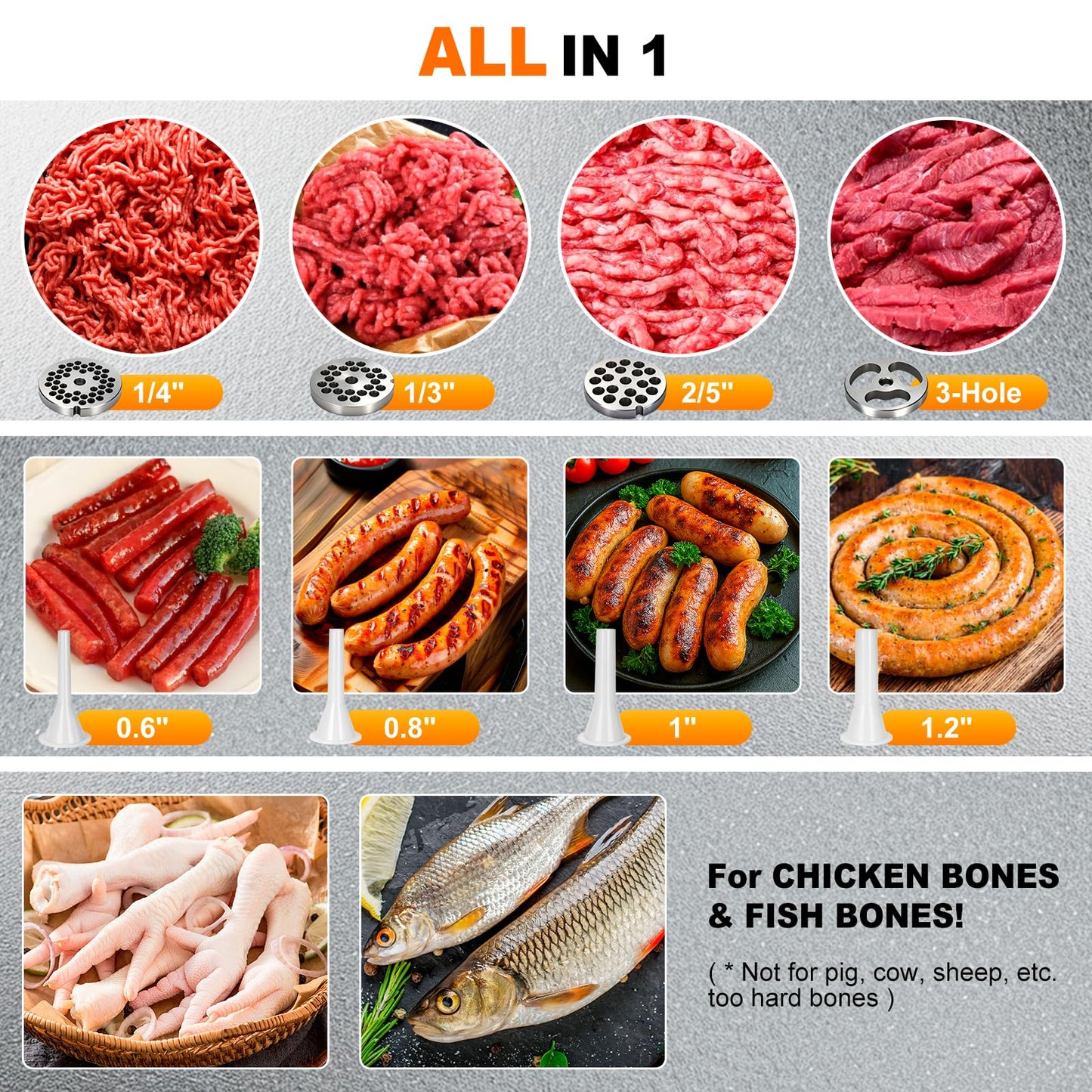 Anatole Commercial Electric Meat Grinder 1.5 HP 1100 W All Stainless Steel Meat Bones Mincer Heavy Duty Sausage Stuffer with 4 Grinding Plate 2 Blades for Restaurant Hotel 110V