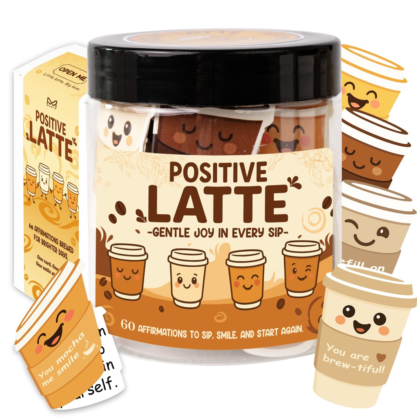 Positive Latte Affirmation Jar – 60pcs Cute Emotional Support Lattes Cards – Coffee Gifts for Women, Men– Birthday Gift, White Elephant Gifts for Women Men Coworker, Boss, Teacher Appreciation Gift