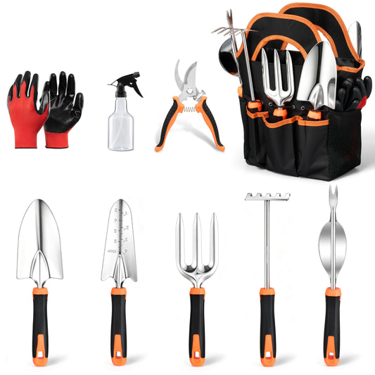 9-Piece Stainless Steel Garden Tools Set, HaSteeL Outdoors Gardening Hand Utensils Kit with Storage Bag, Rust Resistant, Heavy Duty, Gift for Women/Man/Gardeners