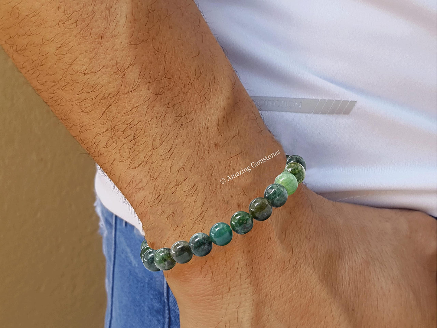Amazing Gemstone Crystal Bracelet for Women Men's Gifts - Protection Healing Crystal Bracelet - 8mm Gemstone Beaded Stretchable Bracelet Pulseras Para Hombres Mujer Stocking Stuffers Mothers Day Gift (Moss Agate)