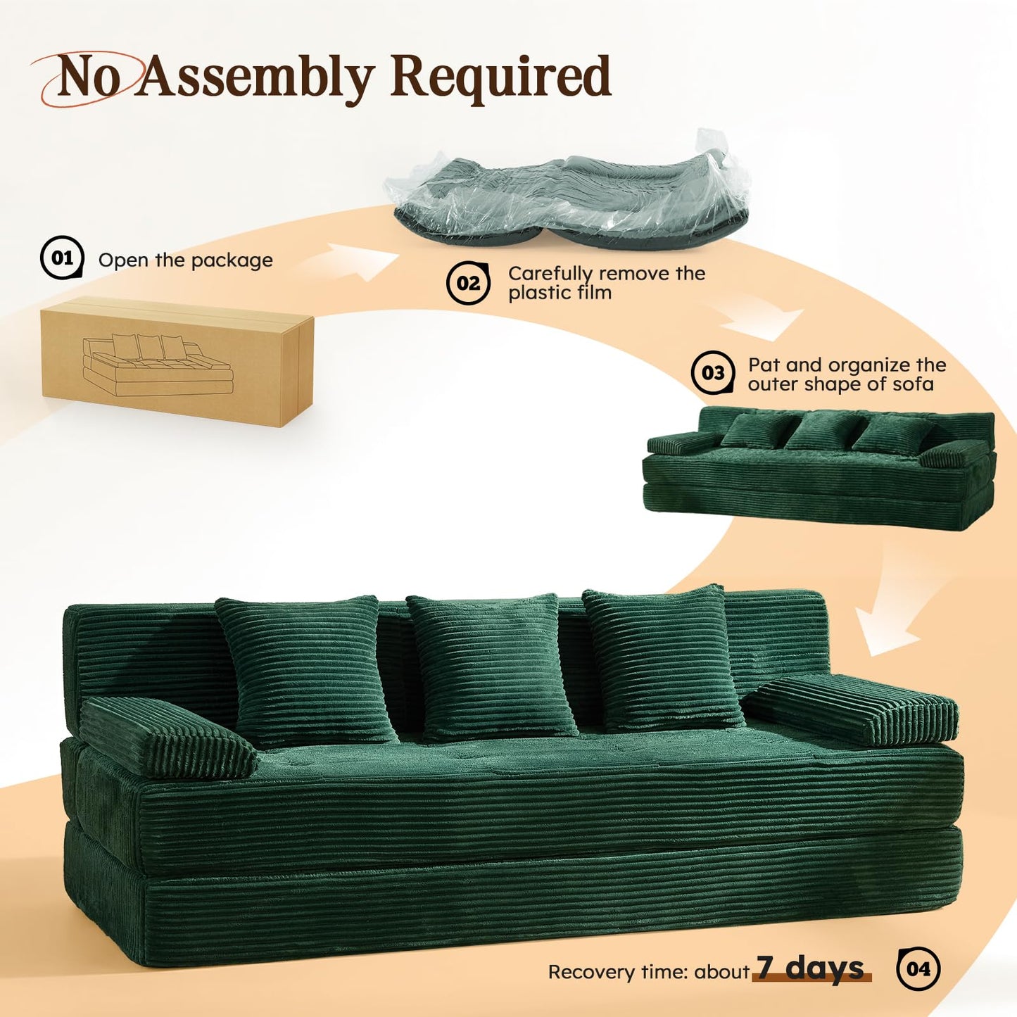 LOOMORA 78.7IN Folding Sofa Bed - Convertible Sleeper Sofa Couch with Removable Pillows, 3 Seater Couches Bed for Living Room, Bedroom, Apartment, No Assembly Required, Freestanding, Corduroy, Green