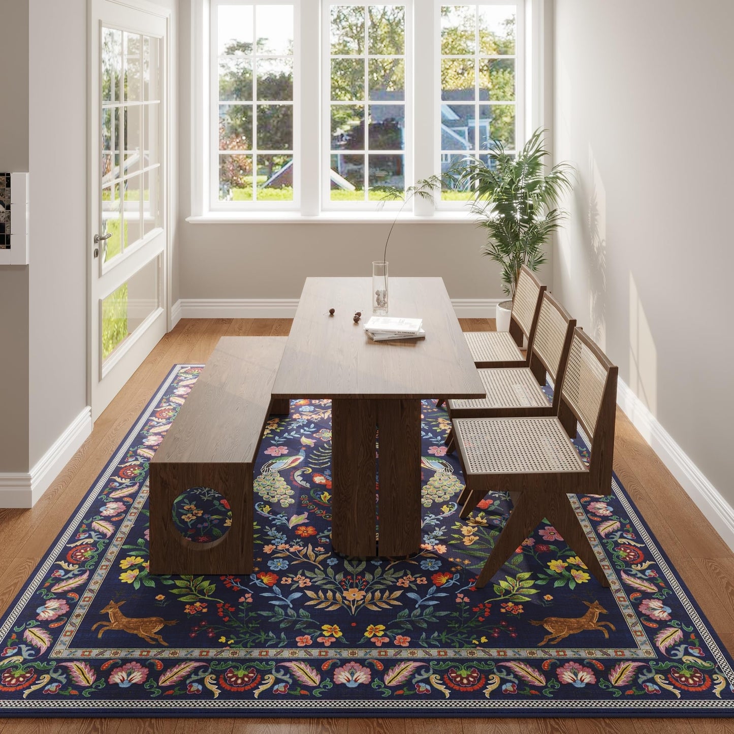 Rugcomf 8x10 Area Rugs for Living Room Washable Rug Floral Non-Slip Large Rug for Living Room, Bedroom, Farmhouse, Dining Room, Kids Playroom(Blue)