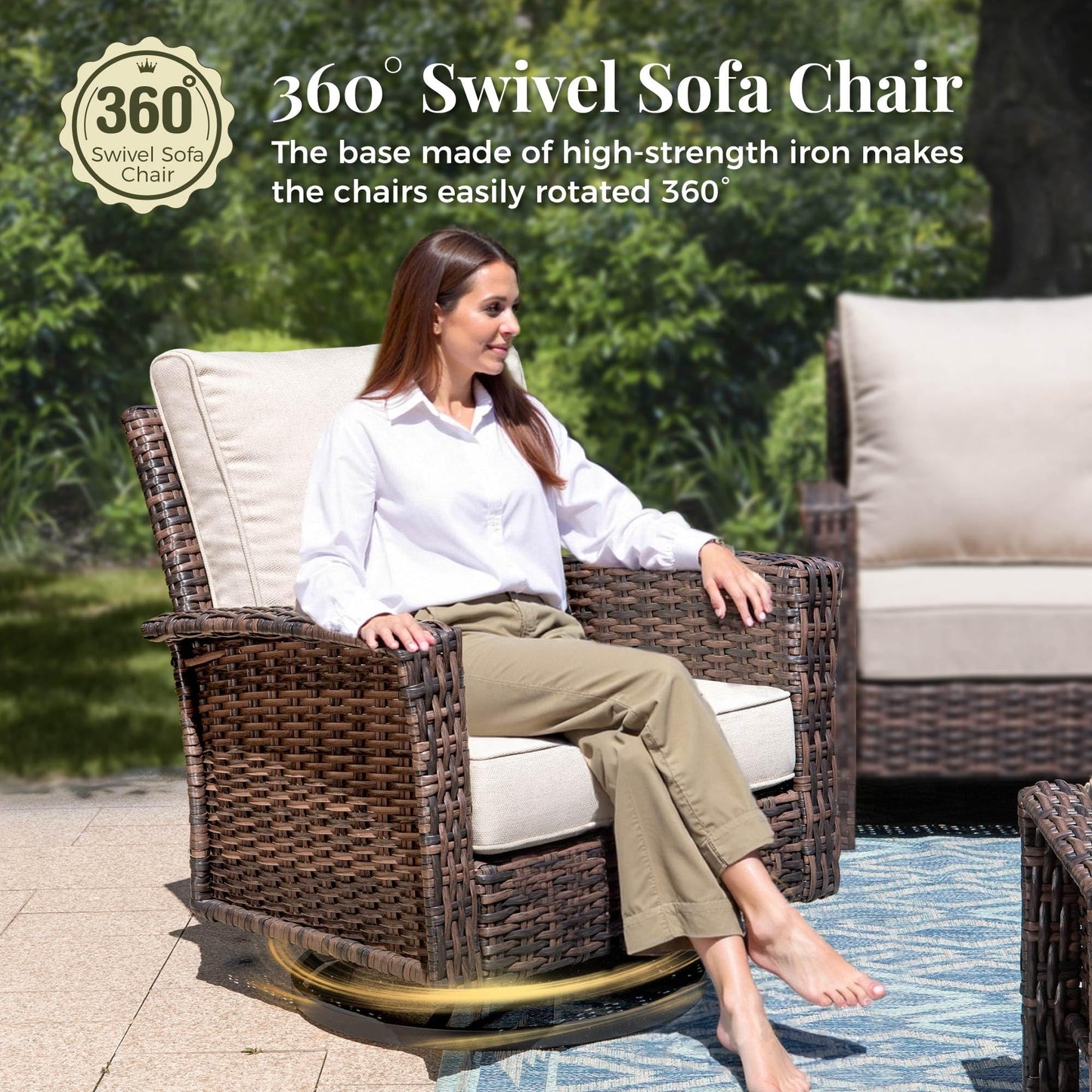 MIXPATIO 6-Piece Wicker Patio Furniture Set with Swivel Chairs, High Back Outdoor Sofa with 5.5-inch Thick Cushion, All-Weather Wicker Patio Conversation Set for Deck Yard Pool, Beige