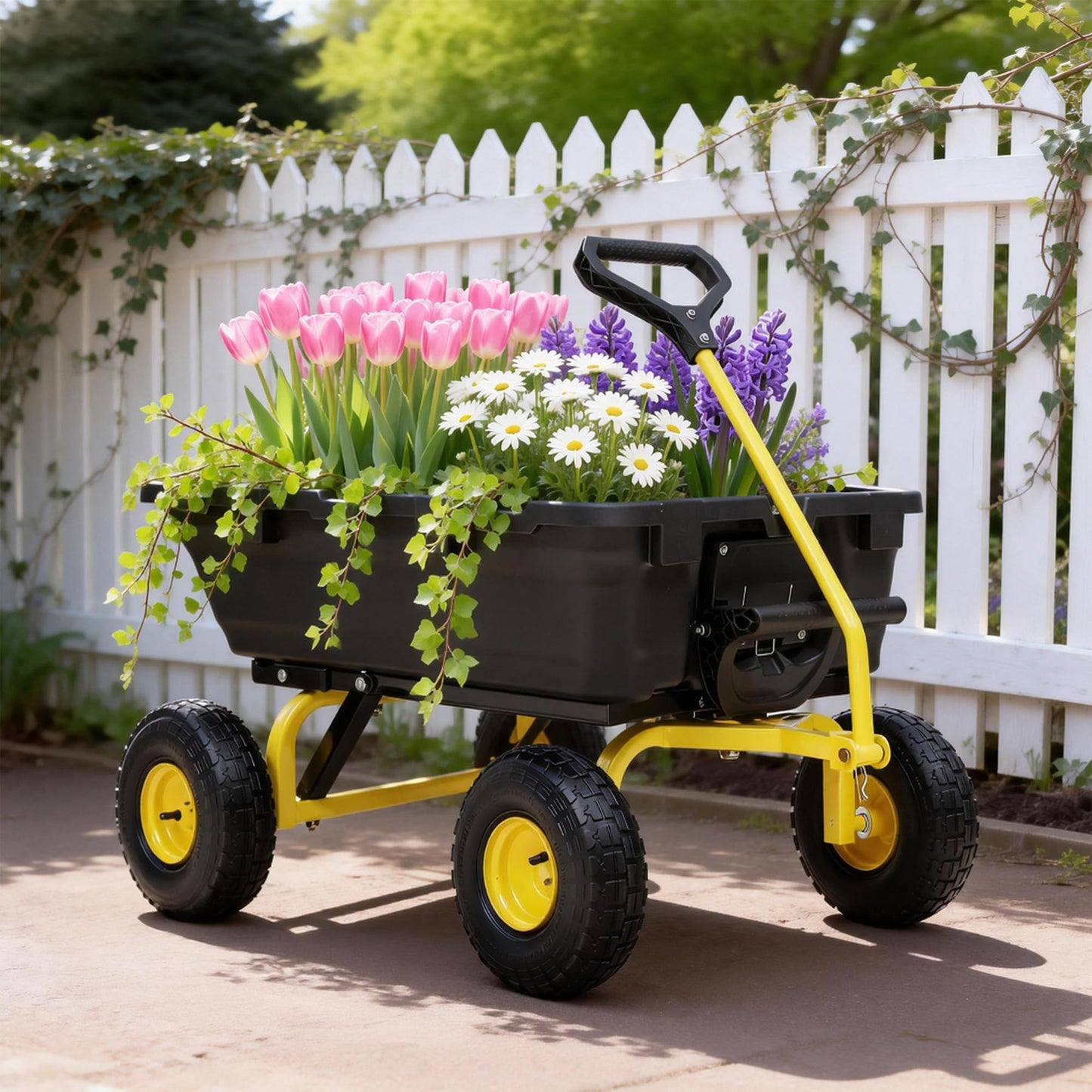 Autodaya 900LB Garden Dump Cart, 2026 Upgraded Heavy Duty Wheelbarrow Cart with 10" Non-Slip Pneumatic Tires & Quick-Release System, 4-Wheel Steel Frame Wagon for Transportation in Yard, Farm, Garden