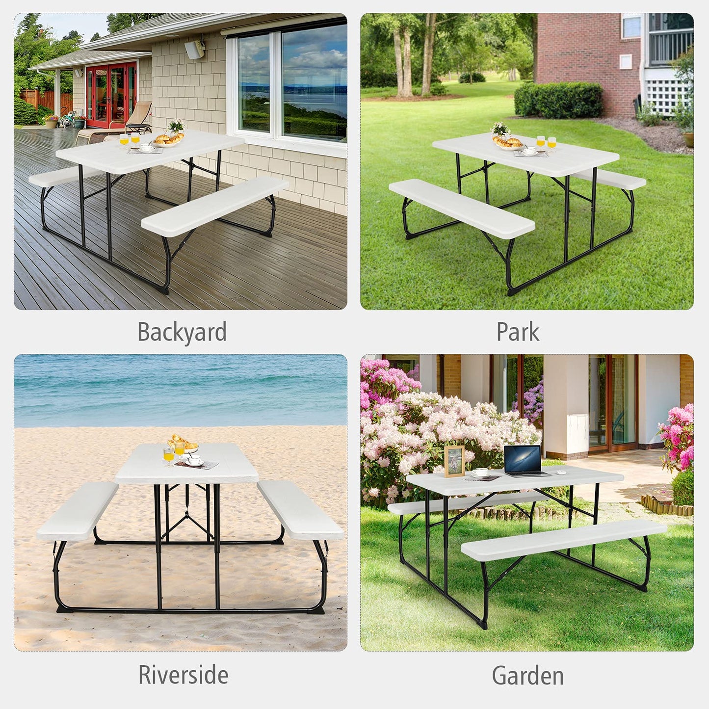 renatone Folding Picnic Table and Bench Set w/Wood Grain for Adults, Indoor & Outdoor Steel Frame Collapsible Camping Table for BBQ, Parties, Camping and Picnic (White)