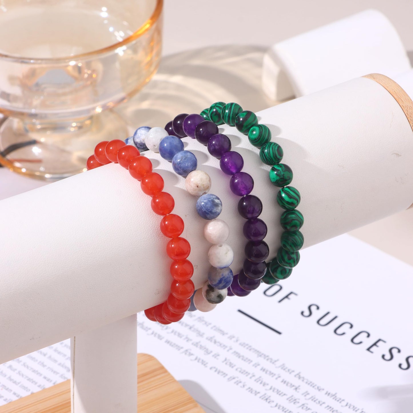 WAINIS 12PCS 8mm Natural Crystal Bracelets for Women Men Semi-Precious Gemstone Beaded Bracelets Round Beads Gemstones Stretch Yoga Bracelet Jewelry Gift