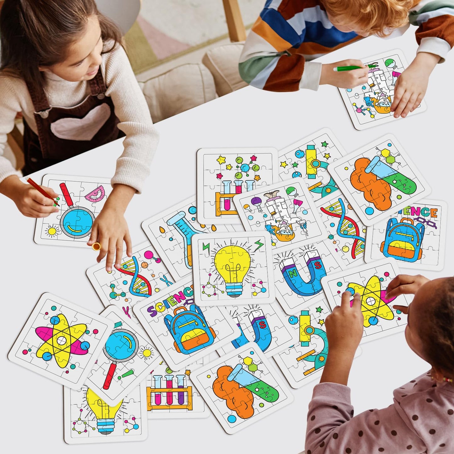Cinrobiye 24 PCS Science Coloring Jigsaw Puzzles Bulk DIY Scientific Arts and Crafts Puzzle with Color Pens Educational Science Gifts for Home School Art Project Birthday Party Favors Supplies
