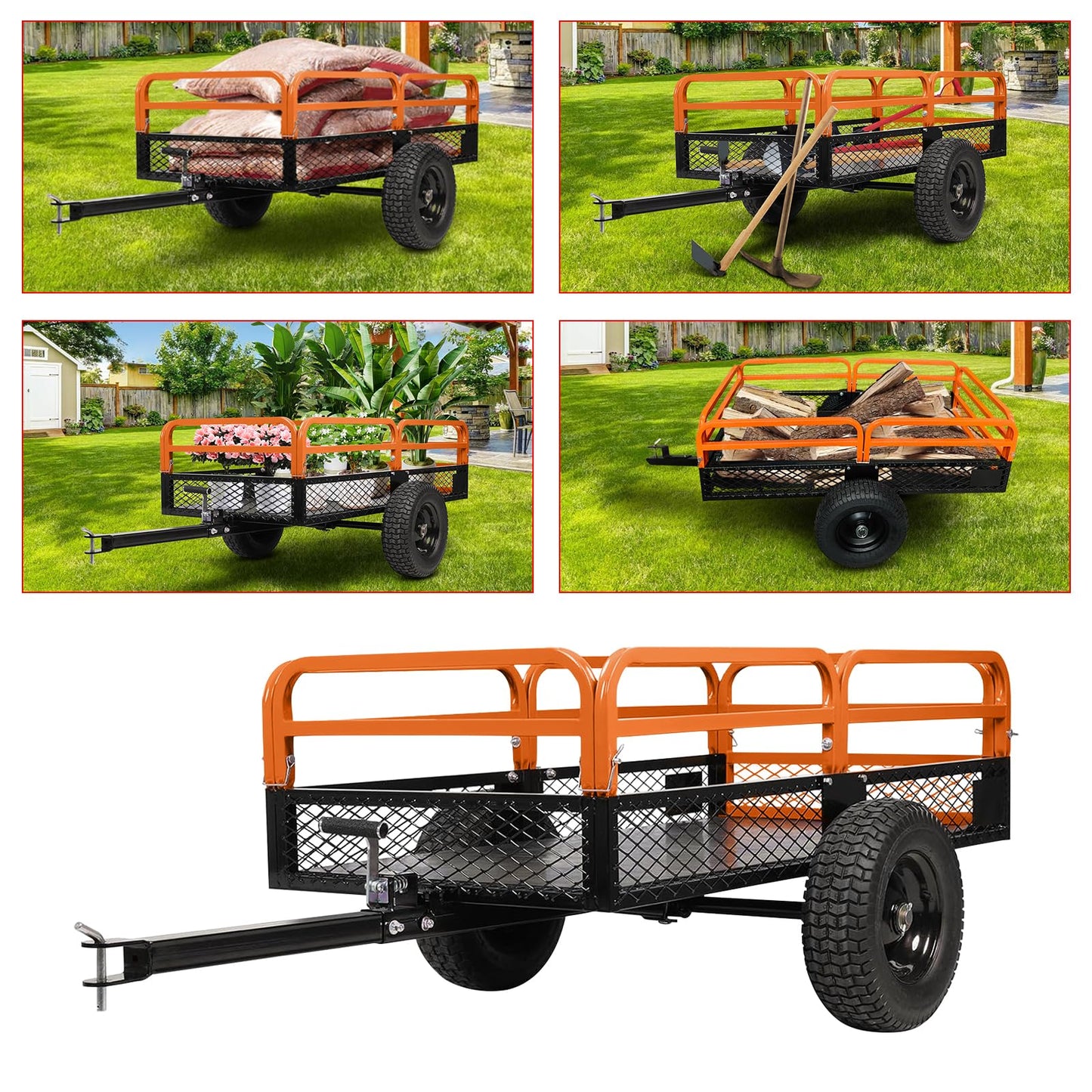1500LB Steel Dump Cart with All-Terrain Tires & Foot-Pedal Dumping, Heavy Duty Utility Trailer for Yard, Garden, and Construction Use, Compatible with ATV and Tractor