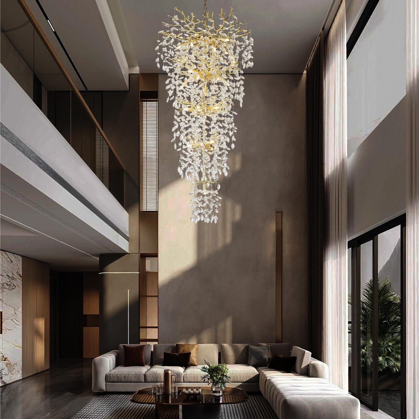 118'' Long Crystal Chandelier for High Ceiling, 28-Light Modern Gold Tree Branch Chandelier, Large Chandeliers for Foyer Entryway Staircase Living Room, 5-Tier Luxury K9 Crystal Raindrop Light Fixture