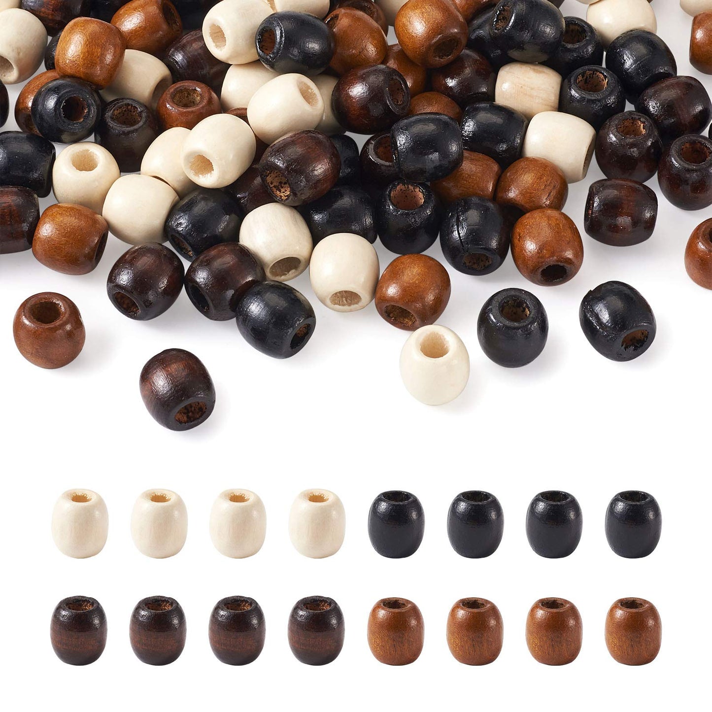 Craftdady 200Pcs Large Hole Barrel Wood European Loose Beads 4 Colors Natural Wooden Dreadlock Hair Braid Beads 16x16-17mm for Macrame Rosary Bracelet Jewelry Craft Making Hole: 8mm