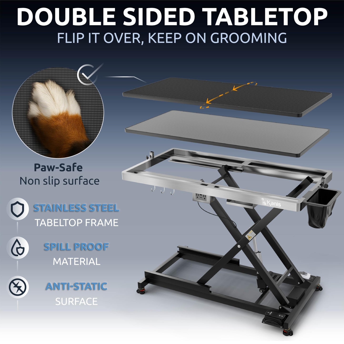 KANIS Professional Electric Dog Grooming Table - Heavy Duty, Height Adjustable Pet Grooming Table w/Leveling Wheels, Grooming Arm, Anti Slip Tabletop & Tool Organizer/Dog Grooming Station (49", BLACK)