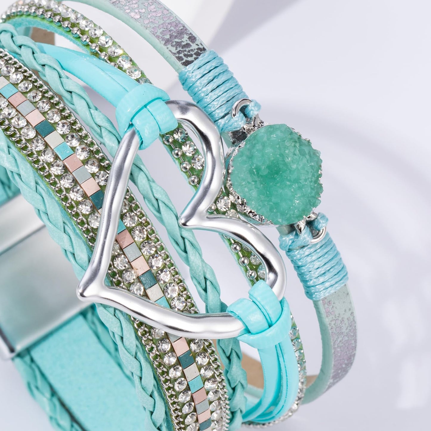 Becklynn Boho Leather Wrap Bracelets Beaded Crystal Stackable Cuff Bracelet with Magnetic Clasp Cowboy Cowgirl County Concert Outfits Western Jewelry Gifts for Women(Heart Teal)