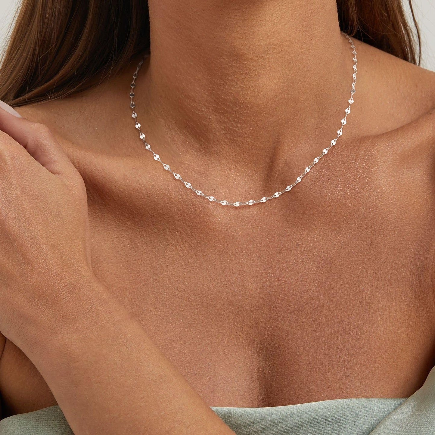 Freekiss 925 Sterling Silver Chain Choker Necklace for Women Trendy 16+2 Inch Adjustable Dainty Layered Lip Chain Necklace Classic Simple Fashion Silver Jewelry Gift 2.5mm