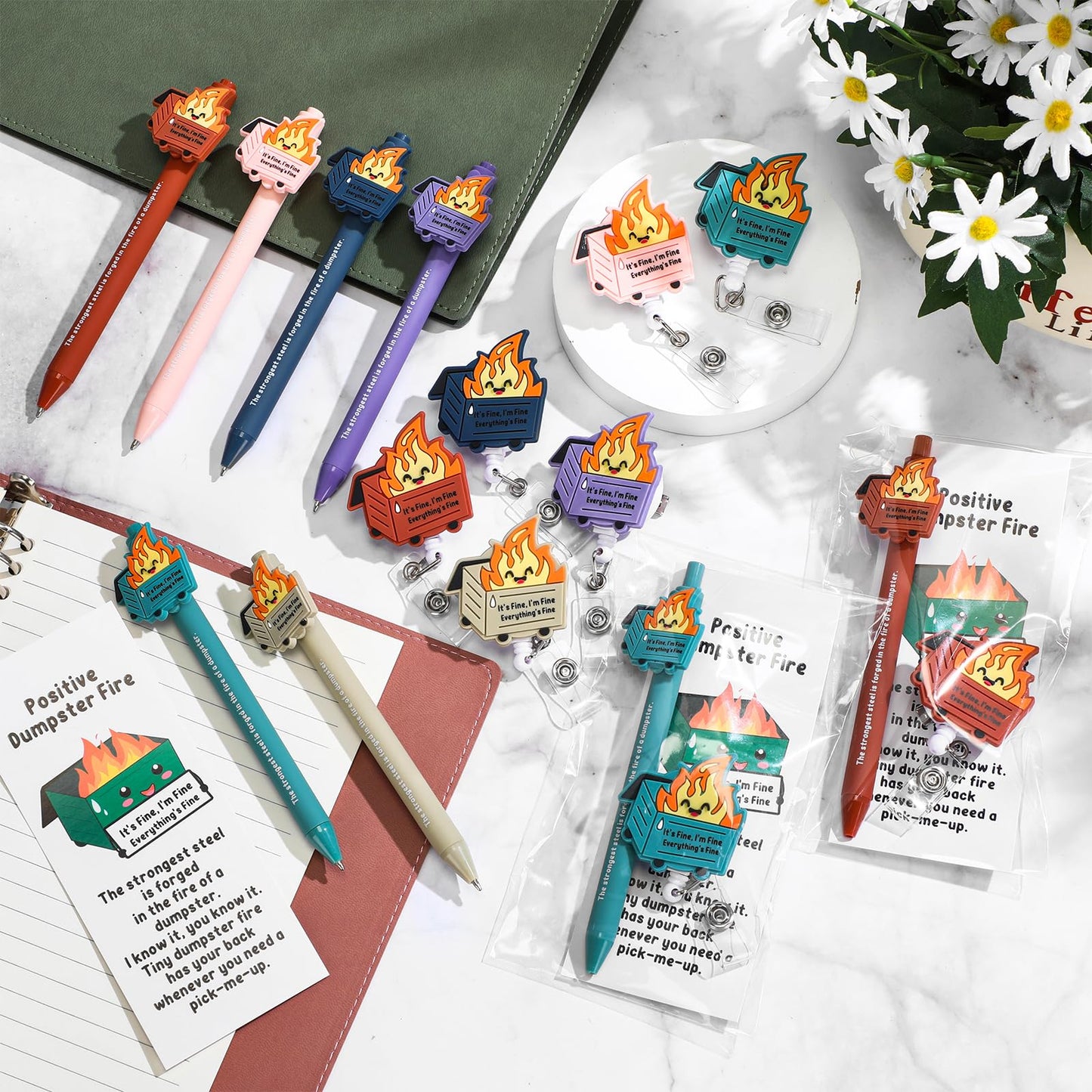 Sayglossy 12 Set Employee Appreciation Gift Bulk Dumpster Fire Badge Reel Funny Ballpoint Pen Saying Dumpster Fire ID Card Holder Thank You Card Emotional Social Worker Month Support Gift for Nurse