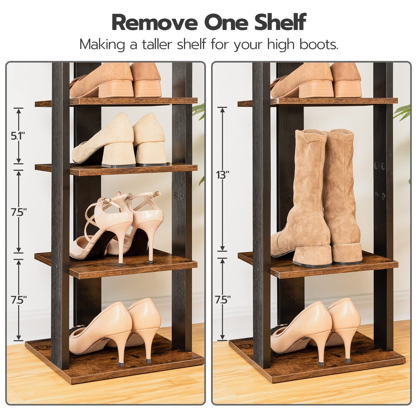 HOOBRO 8 Tiers Vertical Shoe Rack, Wooden Shoe Storage Organizer with Hooks, Narrow Shoe Tower for 8 Pairs, Space Saving, for Entryway, Living Room, Bedroom, Rustic Brown BF07XJ01G1