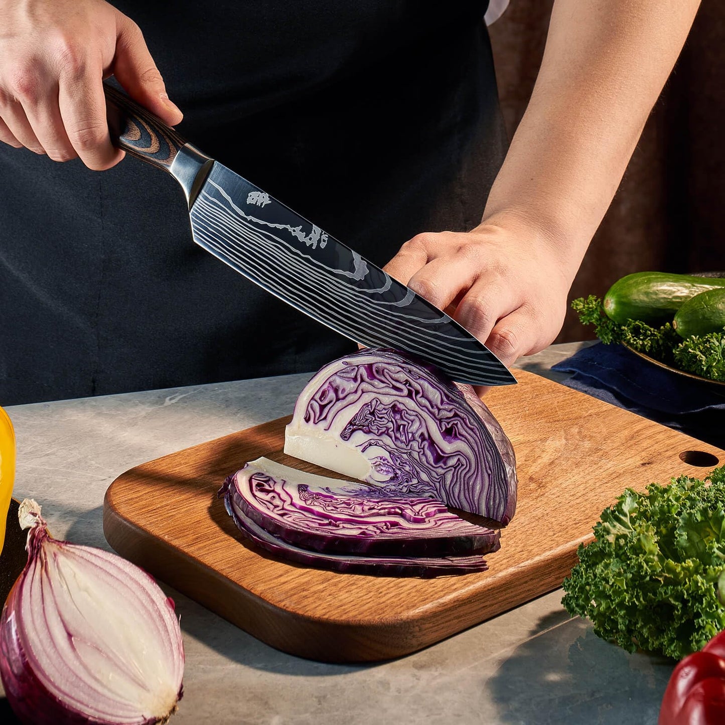 SENKEN 8-piece Premium Japanese Kitchen Knife Set with Laser Damascus Pattern - Imperial Collection - Ultra Sharp for Very Fast Cutting