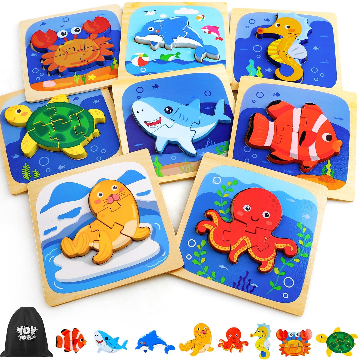 TOY Life Wooden Puzzles for Toddlers 2-4, Sea Animals Puzzles for Toddlers 1-3, Wood Puzzles Educational Montessori Toys Gifts for 1 2 3 Year Old, Baby Kids Learning Toy