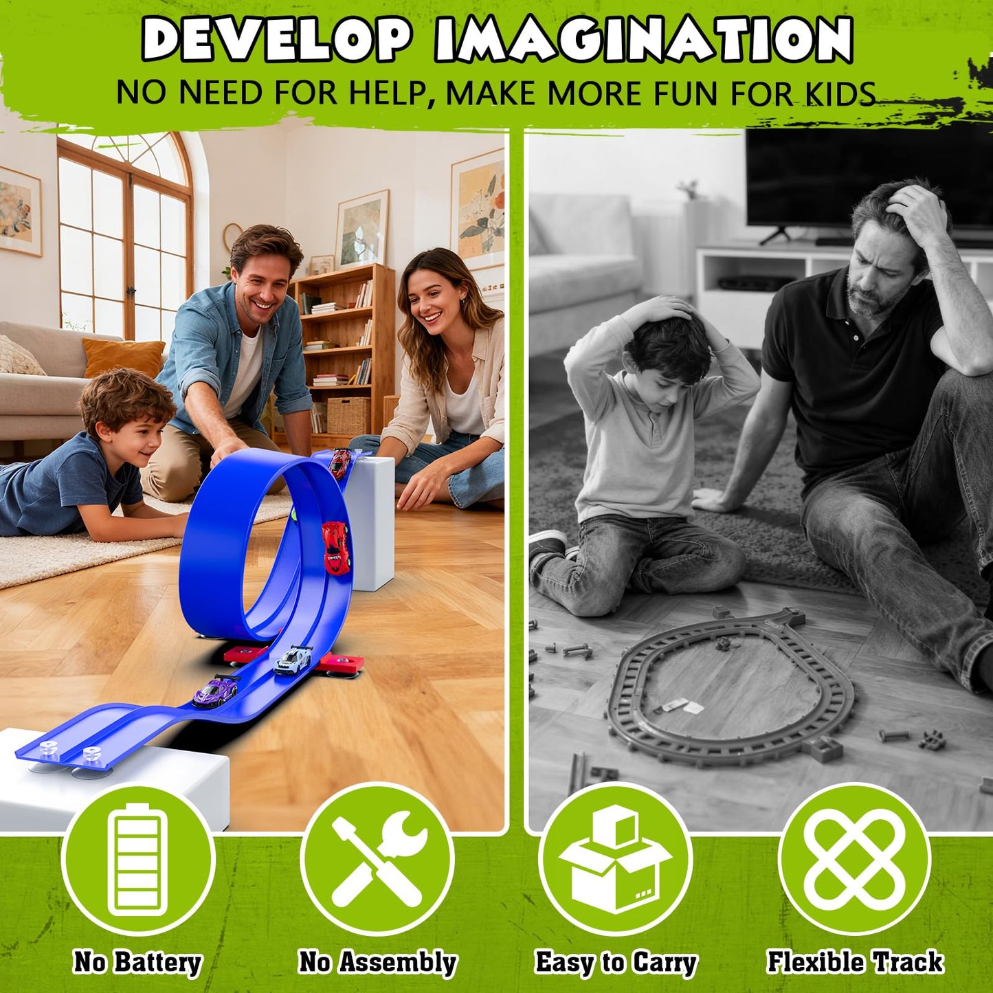 Wupuaait Flexible Race Car Track for Kids, 15Ft Race Track Toy with 4 Cars and Suction Cups, Rolls Up Portable Racetrack Compatible with All 1:64 Cars Toys, Birthday Gifts Toys for Boys Girls
