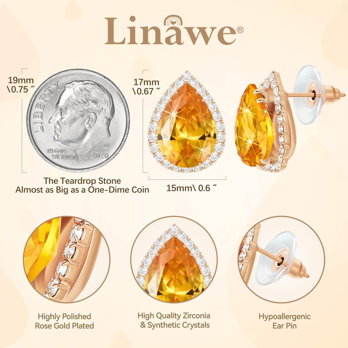 Linawe Yellow Orange Imitation Diamond Stud Earrings for Women, Rose Gold Citrine Crystal Cubic Zirconia Teardrop Rhinestone Earrings Studs, Wedding Bridal Bridesmaid Jewelry